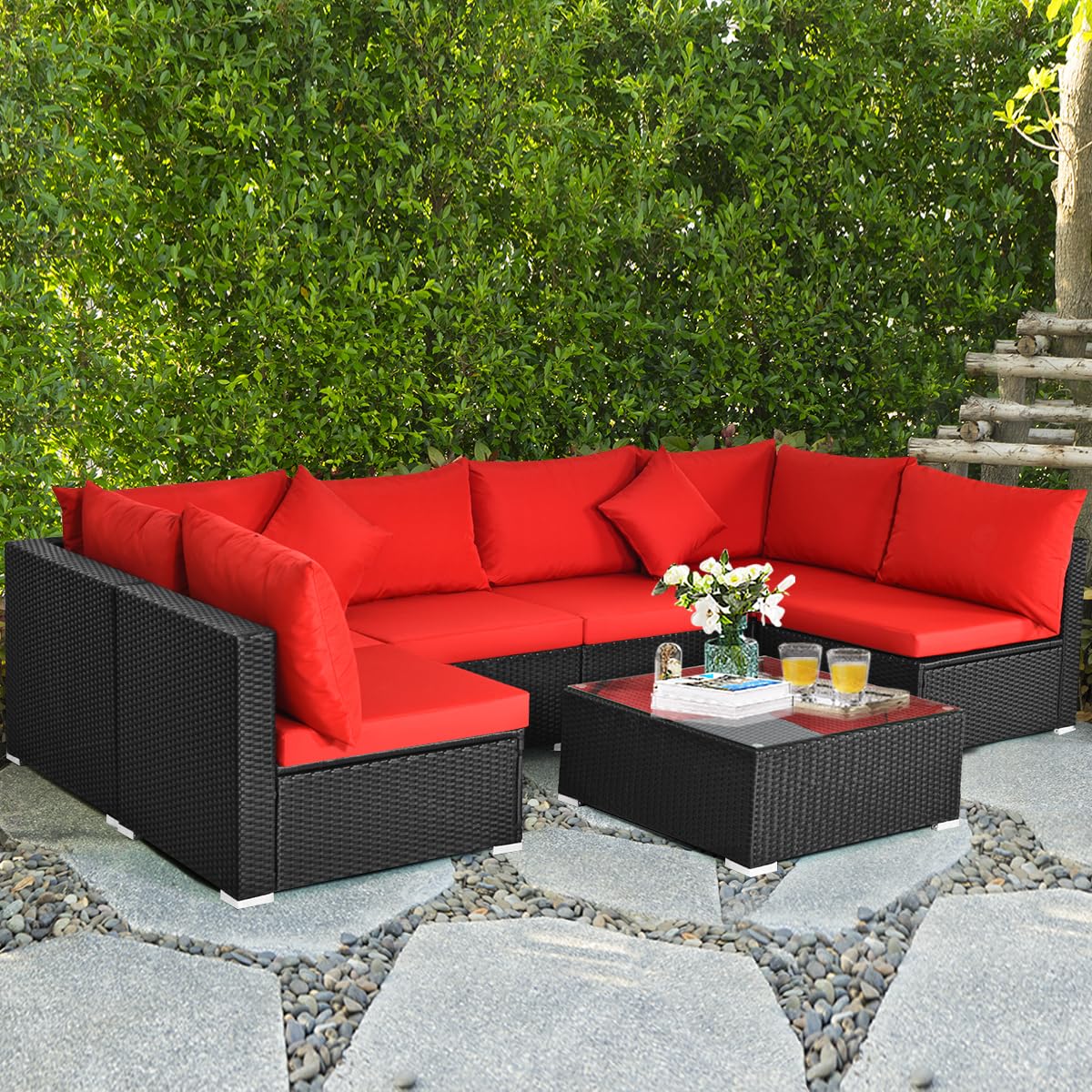 COSTWAY 7 Pieces Patio Furniture Set, Outdoor Rattan Conversation Set with 6 Seats, Coffee Tea Table, Soft Cushions, Wicker Patio Sectional Sofa for Garden Balcony Porch Poolside, Red