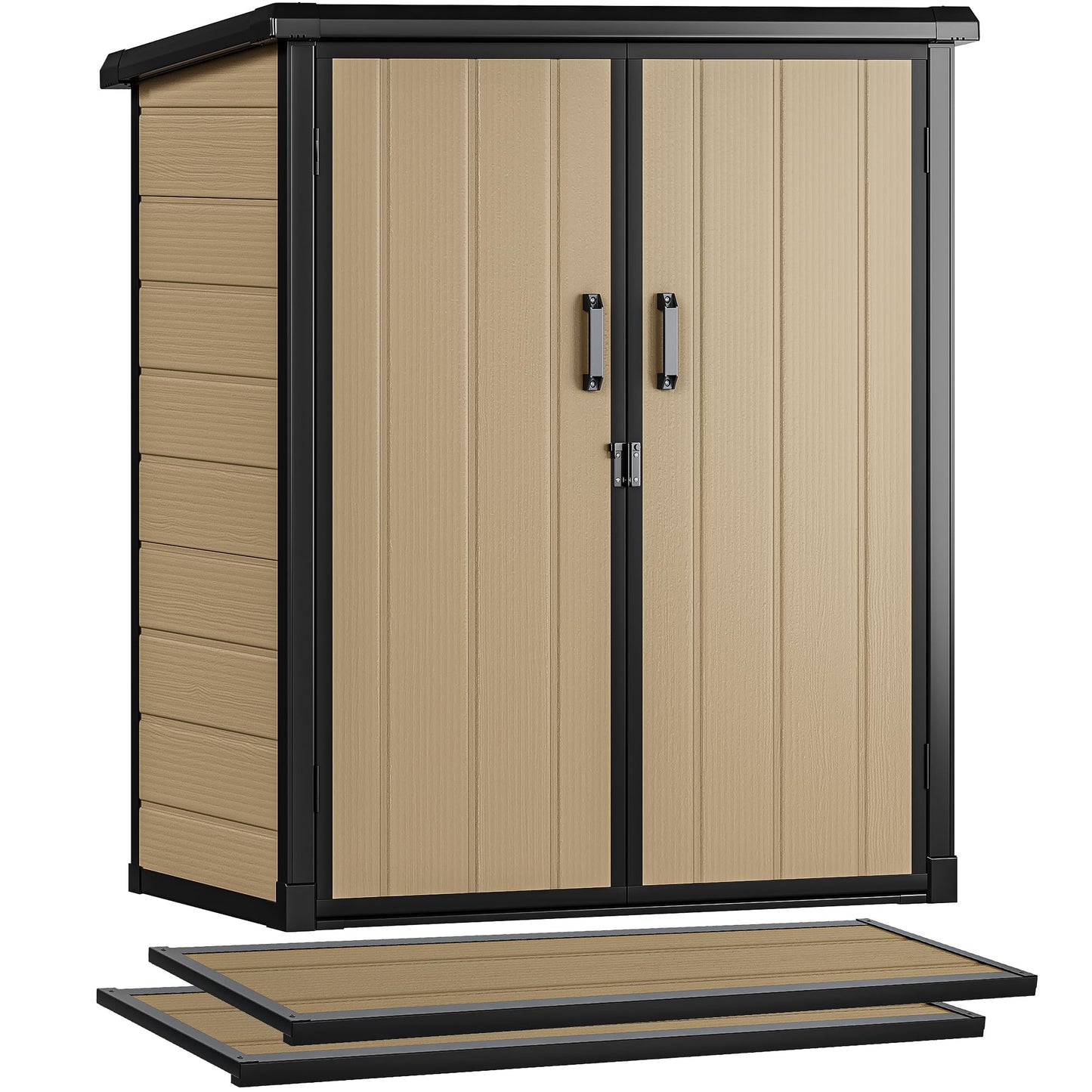 DWVO 4.2x2.6ft Outdoor Storage Shed with 2 Shelves, 54 Cu Ft Waterproof Resin Garden Shed with Floor & Lockable Door, Plastic Tool Cabinet for Garbage Cans, Lawn Equipment, Garden Supplies (Brown)
