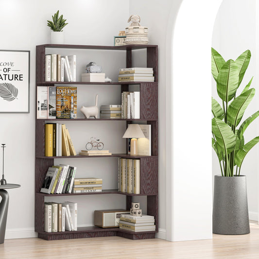 KEIKI 64.56"H Corner Book Shelf with Baffle, 6 Tier Wooden Corner Bookshelf with Open Storage Rack Display Shelves, L-Shaped Etagere Bookcase Stand for Home Office, Living Room, Kitchen, Freestanding