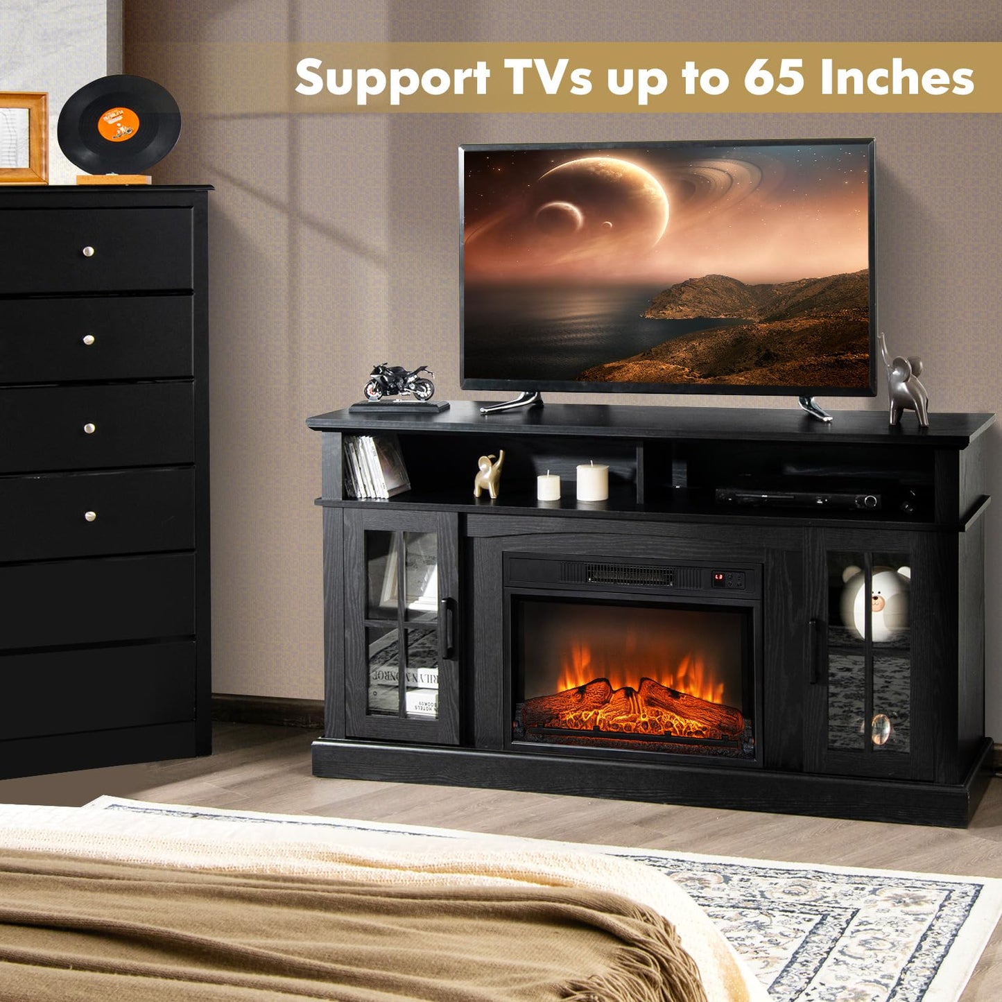 CLEEMAN Electric Fireplace TV Stand for TVs up to 65”, Media TV Console w/ 23” Fireplace Insert Heater, Remote Control, 3-Level Flame, Overheat Protection, Entertainment Center for Living Room (Black)