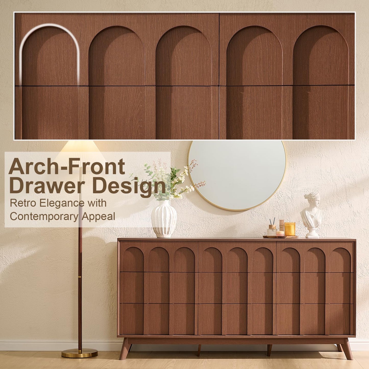 Oak&Sparrow Mid Century Modern Dresser for Bedroom, Walnut 9 Drawer Dresser with Arched Front, 63'' Wide Chest of Drawers Wood Storage Organizer for Living Room
