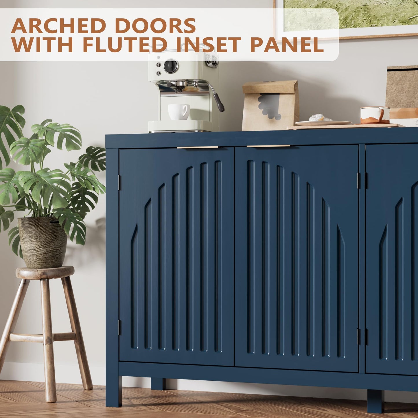 Fluted Sideboard Buffet Cabinet with Storage, 58" Mid Century Modern Accent Cabinet with Arch Doors, Large Wood Media TV Console Table Credenza for Dining Room, Kitchen, Living Room Entryway, Blue
