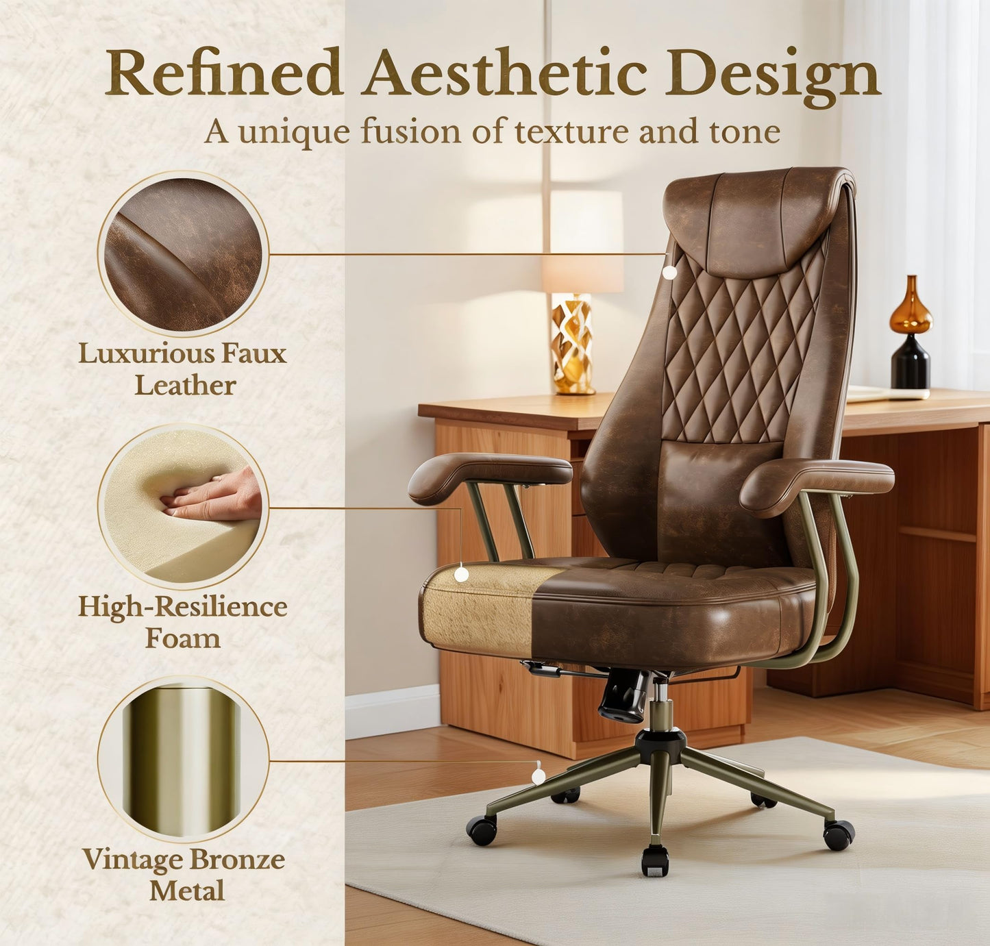 Executive Office Chair, High Back Ergonomic PU Leather Desk Chair with Integrated Headrest & Lumbar Support, Adjustable Reclining Swivel Computer Chair for Home Office, Brown
