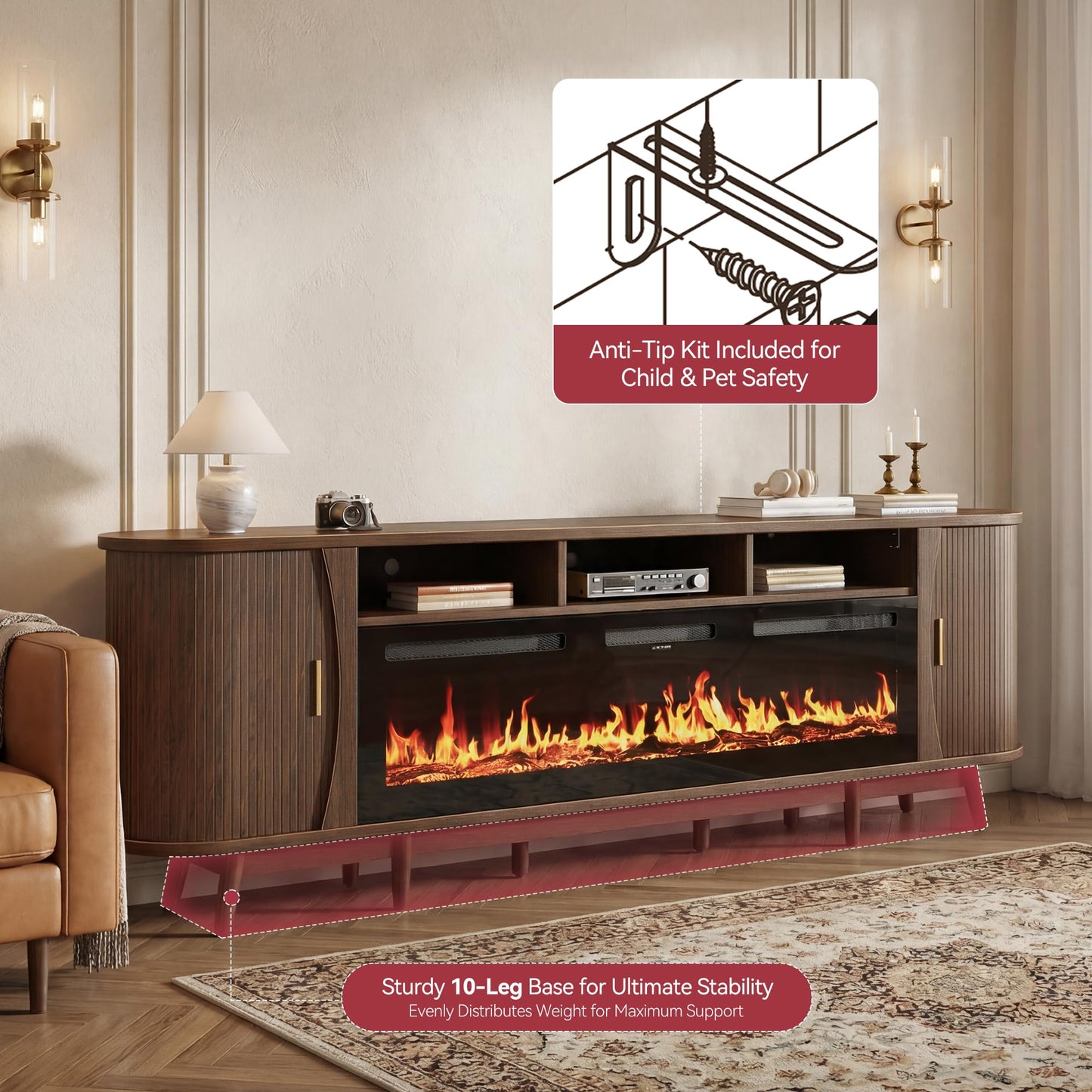 MXV 97" TV Stand with 60" Electric Fireplace, Mid Century Modern Fireplace TV Stand with Sliding Doors & Adjustable Shelves, Large TV Console for Living Room, Walnut