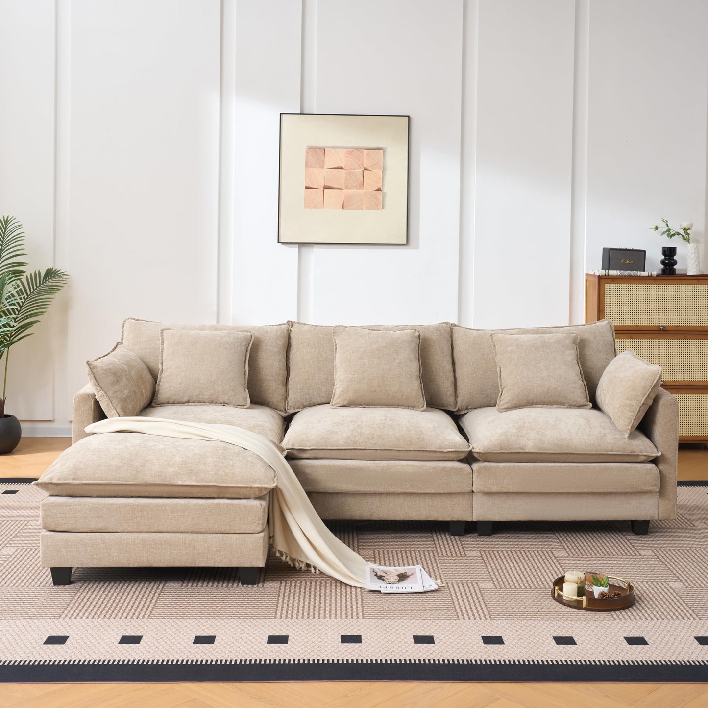 KEIKI 102" Modular Sectional Sofa with Storage Ottoman, L Shaped Convertible Couch with Movable Chaise Lounge, Linen Fabric Fluffy 3 Seat Sleeper Sofa for Living Room Apartment Bedroom, Coffee