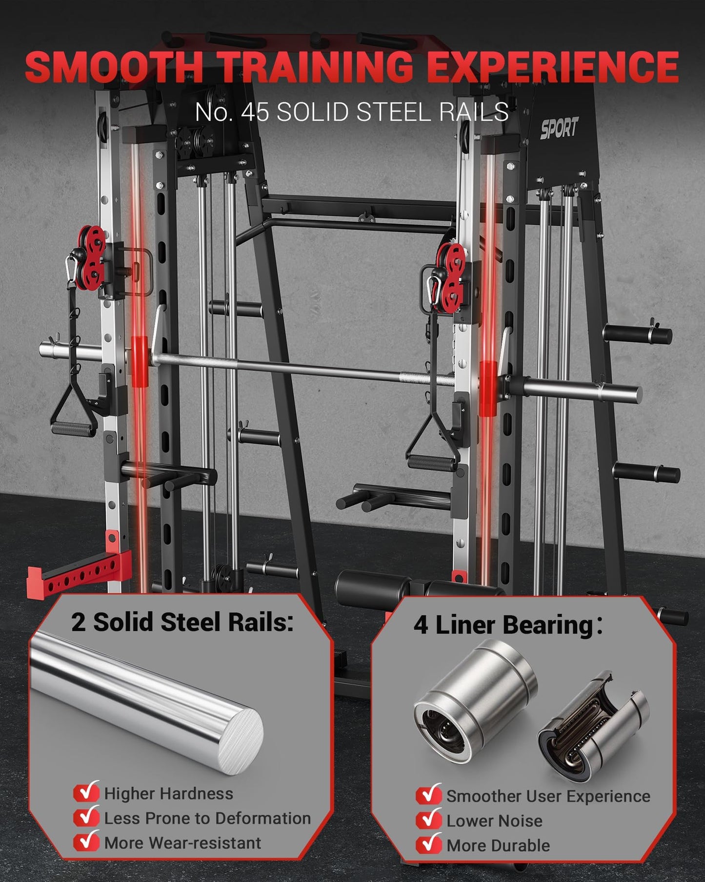 GarveeLife Smith Machine Home Gym All in One, 2200 LBS Squat Rack Power Cage with Smith Bar, LAT Pull-Down, Cable Systems, Leg Hold-Down and More Attachments, Workout Equipment (Red Black)