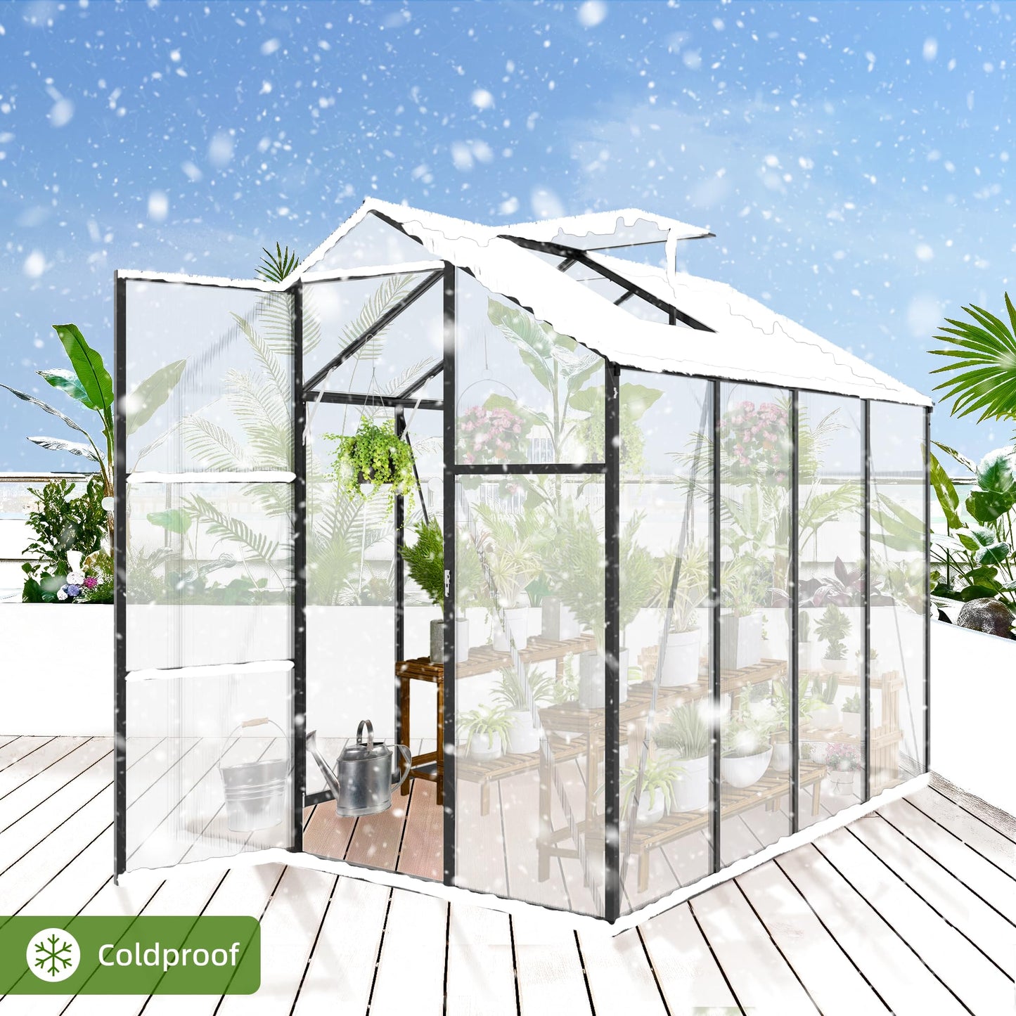 YOPTO 6x8 FT All Weather Greenhouses for Outdoor,Heavy Duty Polycarbonate Greenhouse, Walk-in Garden Green House with Raised Base and Ventilation Window for Outside, Backyard,Black