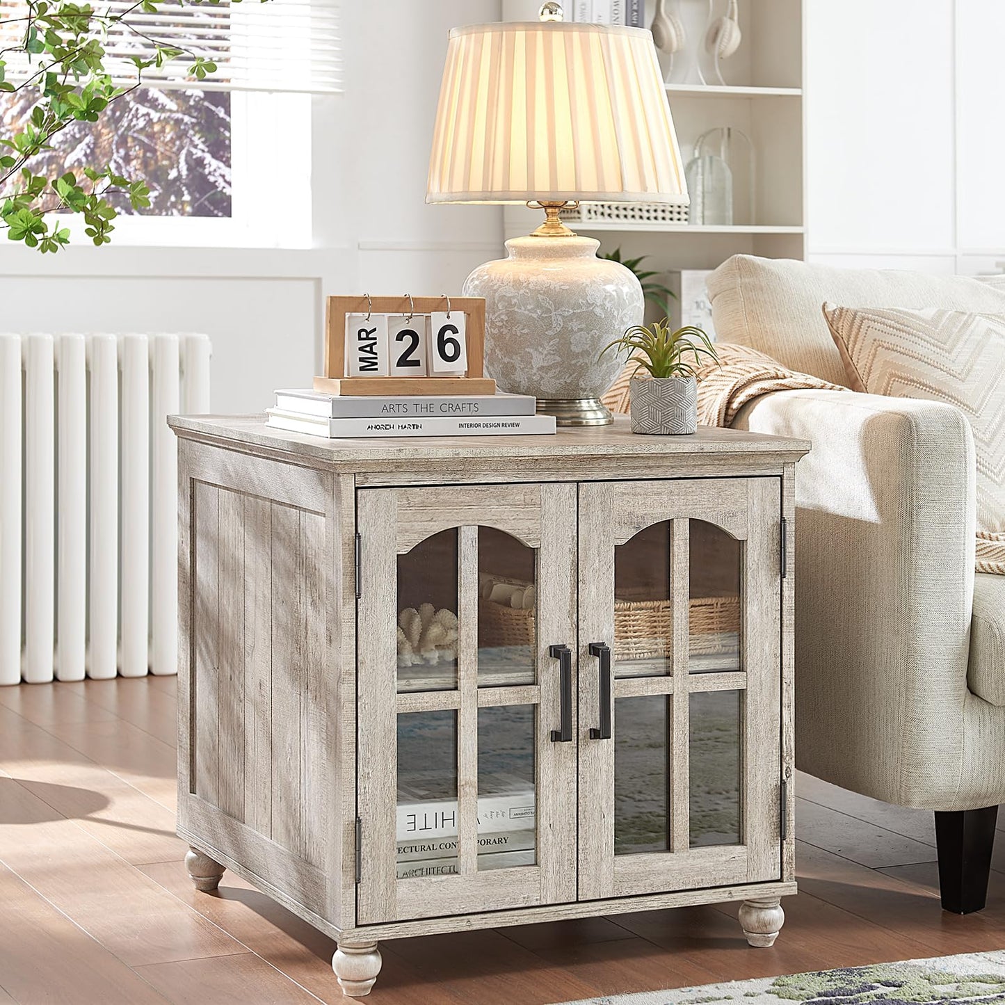 RWYHG Farmhouse End Table Set of 2 with Charging Station, 18'' Narrow Side Table and 24" Large Sofa Table with Glass Barn Door Storage, Wood Night Stand Bedside Cabinet for Living Room,Bedroom