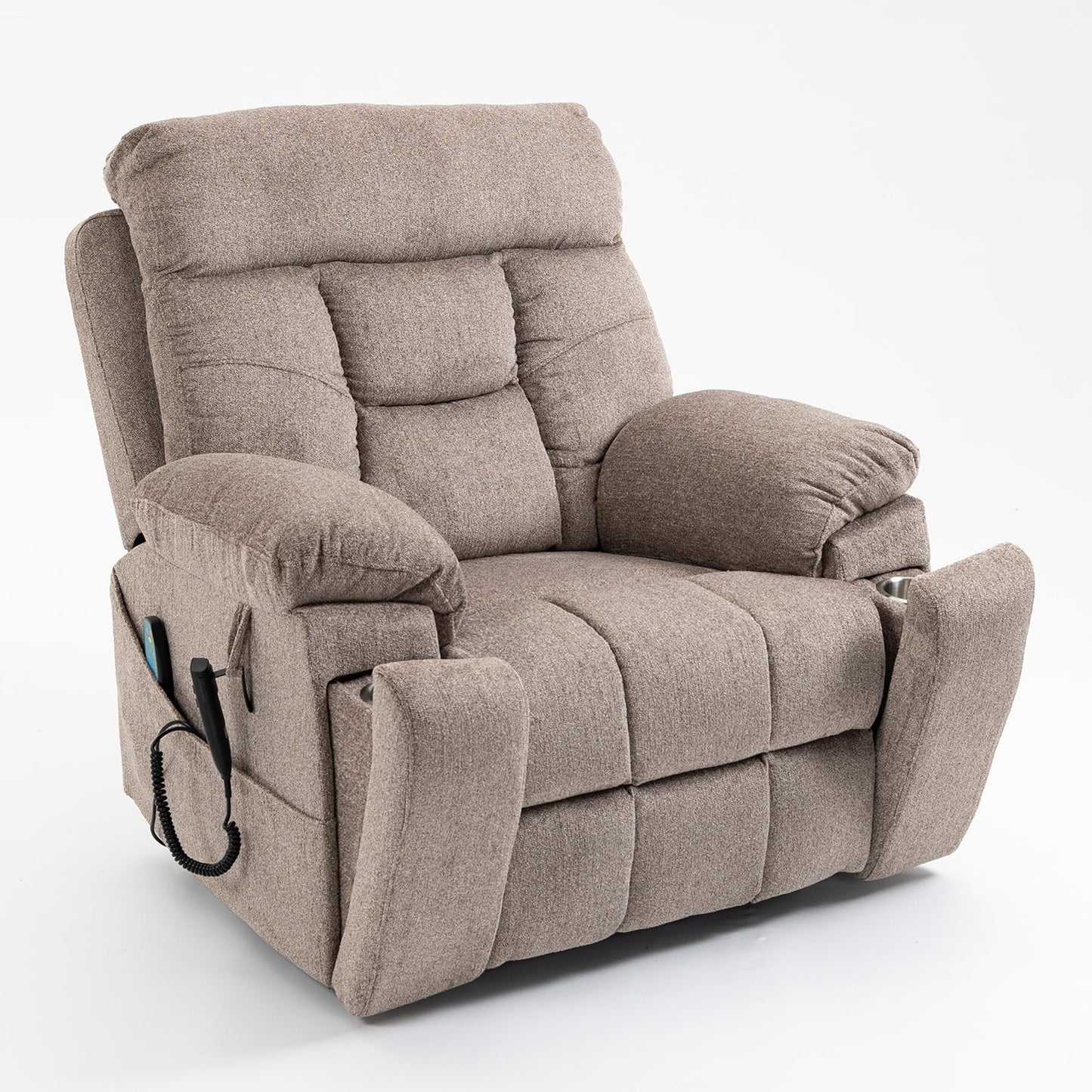 RHHVVR Oversized Lift Recliner Chair for Elderly, 26" Extra Wide Seat Power Lift Recliners with Heat and Massage, Dual Motor Electric Lay Flat Living Room Sofa with Lumbar Pillow, Light Brown