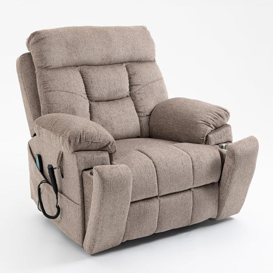 RHHVVR Oversized Lift Recliner Chair for Elderly, 26" Extra Wide Seat Power Lift Recliners with Heat and Massage, Dual Motor Electric Lay Flat Living Room Sofa with Lumbar Pillow, Light Brown