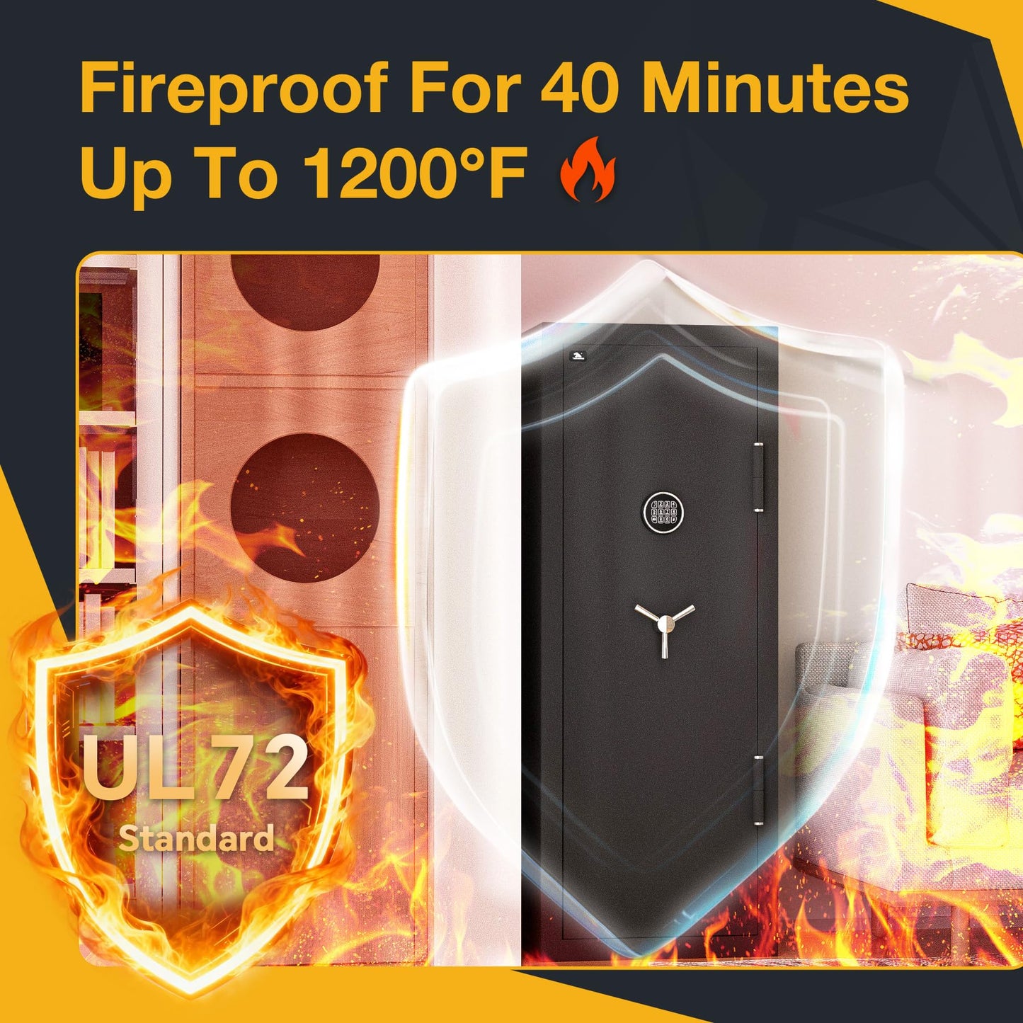 SMARTHIVE 40-Min Fireproof Gun Safe (1200°F) - Quick Access Rifle/Pistol Safe, Heavy-Duty Fire Resistant Gun Cabinet for Home Valuables (BLACK, 11.9cu.ft)