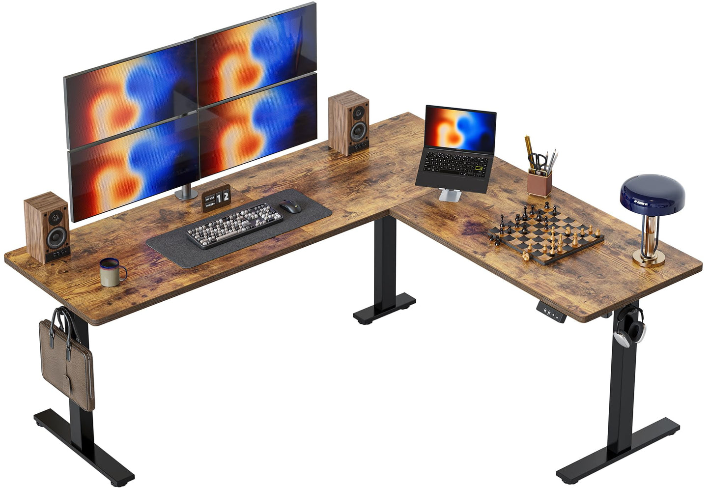 TIQLAB 75 x 61 inch L Shaped Standing Desk Adjustable Height, Electric Corner Standing Desk, Sit Stand Computer Table with Splice Board, Rustic Brown