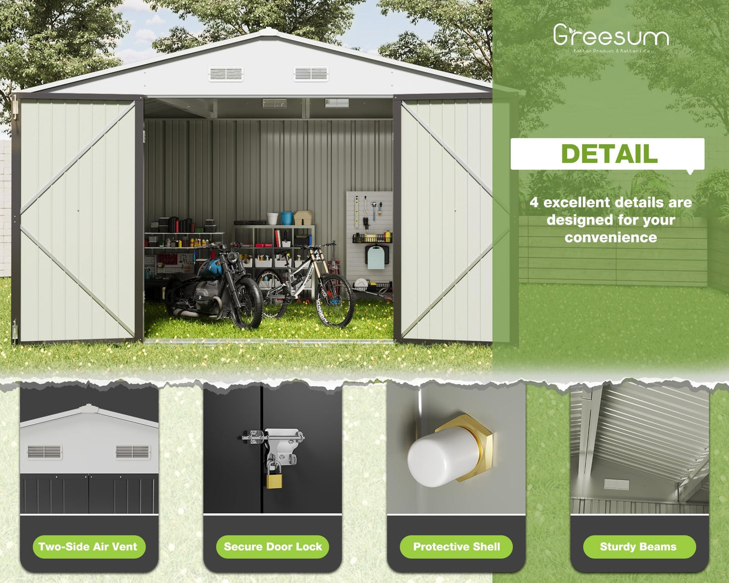 Greesum 10x10FT Outdoor Storage Shed, Utility Tool Shed Metal Storage Shed with Door & Lock for Patio Storage, Garden, Lawn, Gray