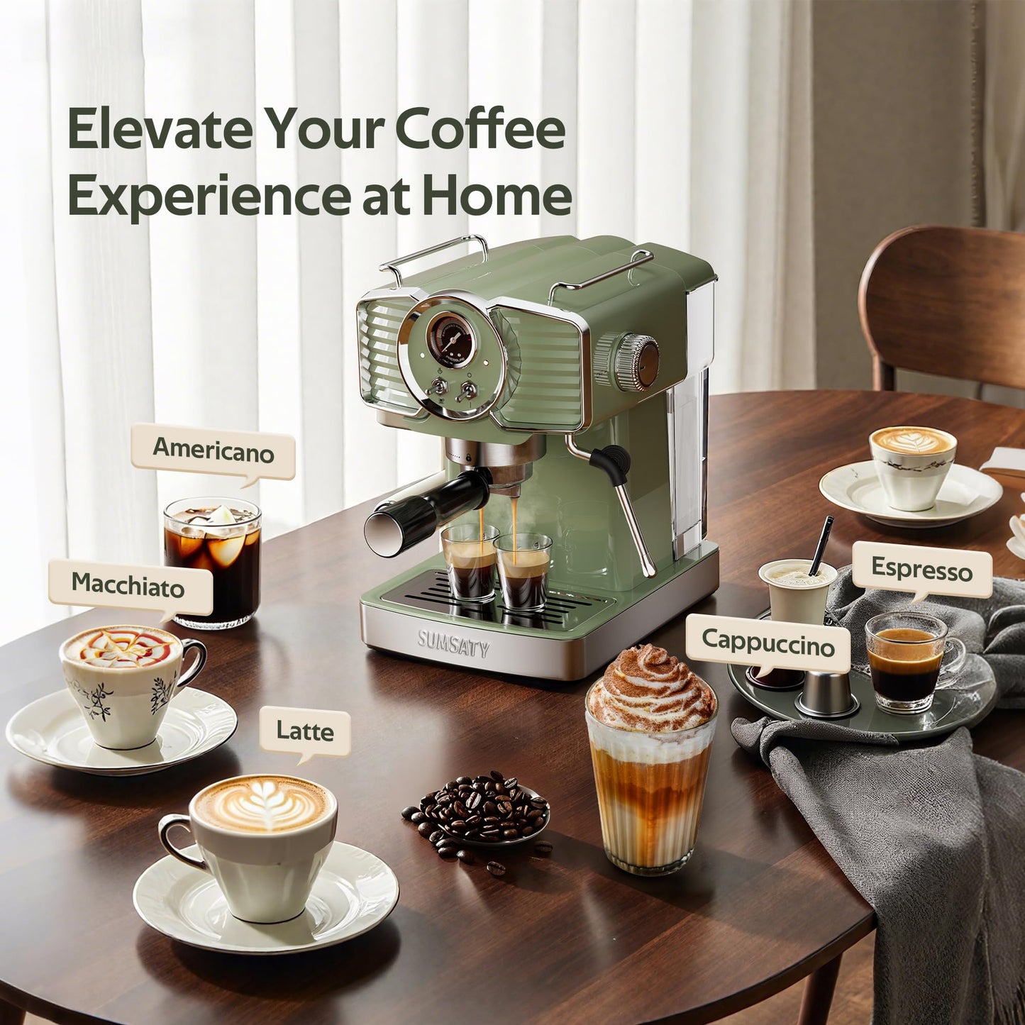 SUMSATY Espresso Machine 20 Bar, Retro Espresso Maker with Powerful Milk Frother Steam Professional Expresso Machine for Home with 61oz Water Tank Cappuccino & Latte Maker, Green