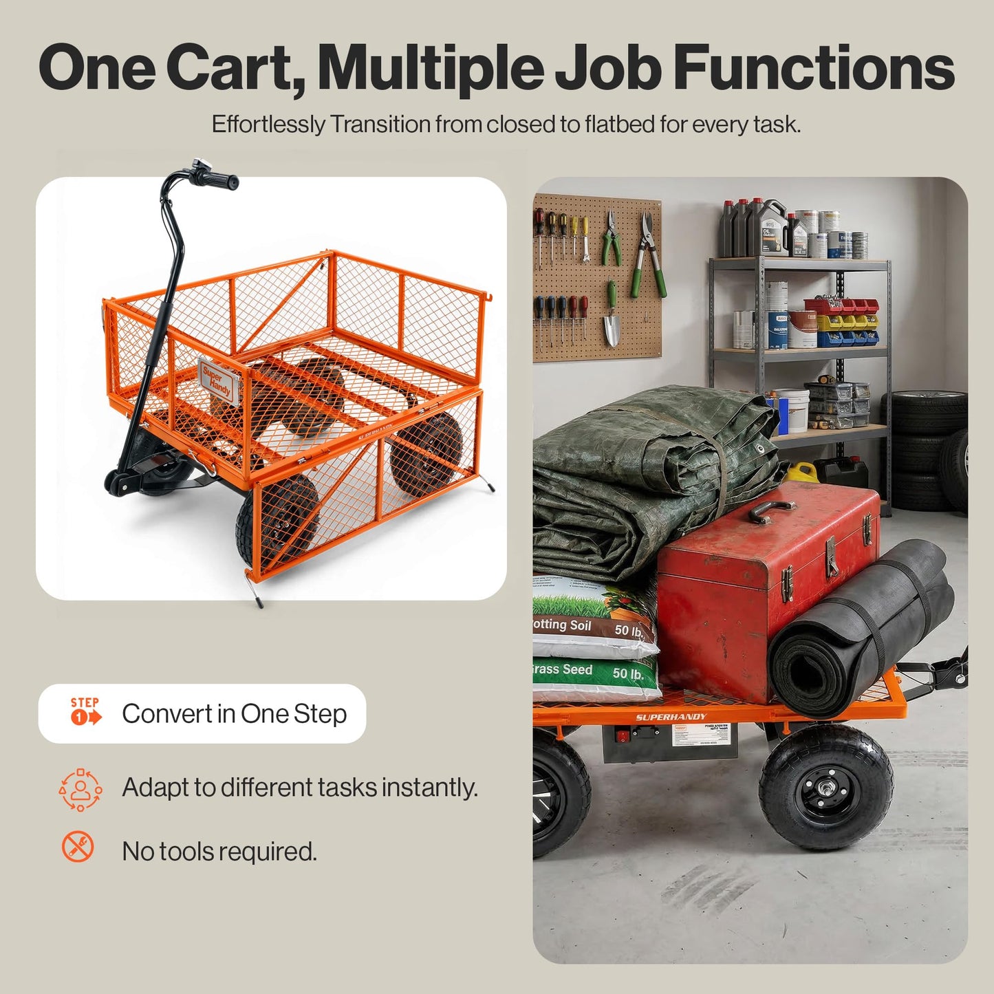 SuperHandy Electric-Assist Garden Cart - 5.7 Cubic Ft Utility Wagon, 440lbs Load, All-Terrain 10in Wheels, Anti-Rust Steel Frame, Convertible Flatbed Design