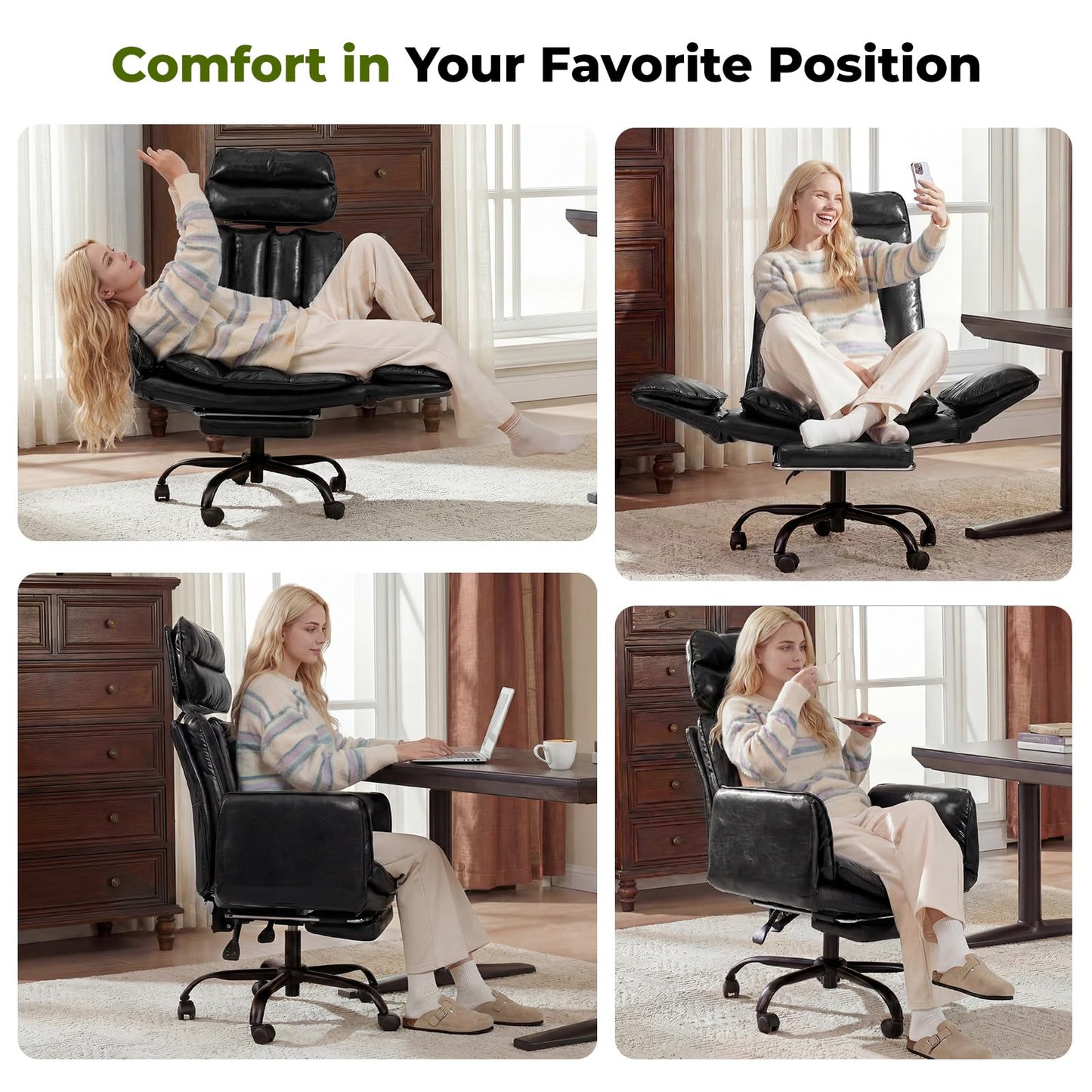 HOMRELEXA Criss Cross Office Chair with Armrests & Wheels, Comfy Big and Tall Chair, Ergonomic Executive Gaming Computer Chairs with Foot Rest, PU Leather Wide Seat Reclining Desk Chair, Black