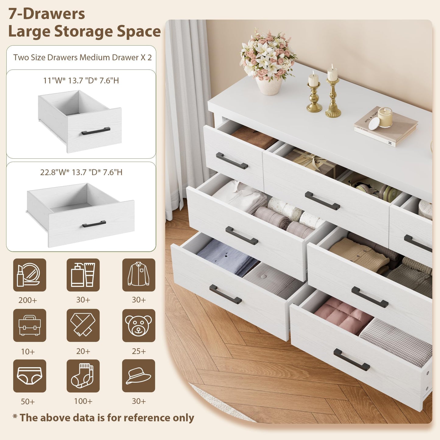 IDEALHOUSE Dresser for Bedroom with 7 Drawers, White Storage Chest of Drawers with Metal Handle, Wooden Dresser Organizer for Living Room,Closet,Entryway,Nursery