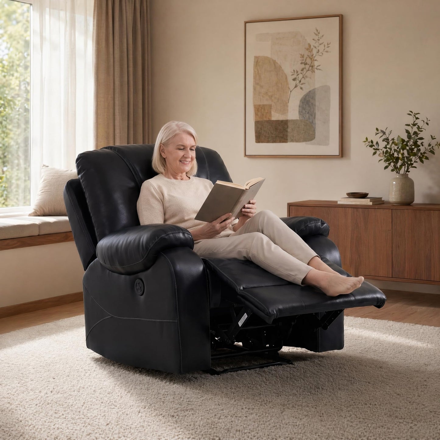 Trygoal Power Reclining Chair, Single Electric Recliner Furniture with USB Charging Port, Breathable PU Leather Recliners for Home Theater Seating, Living Room, Apartment, Black
