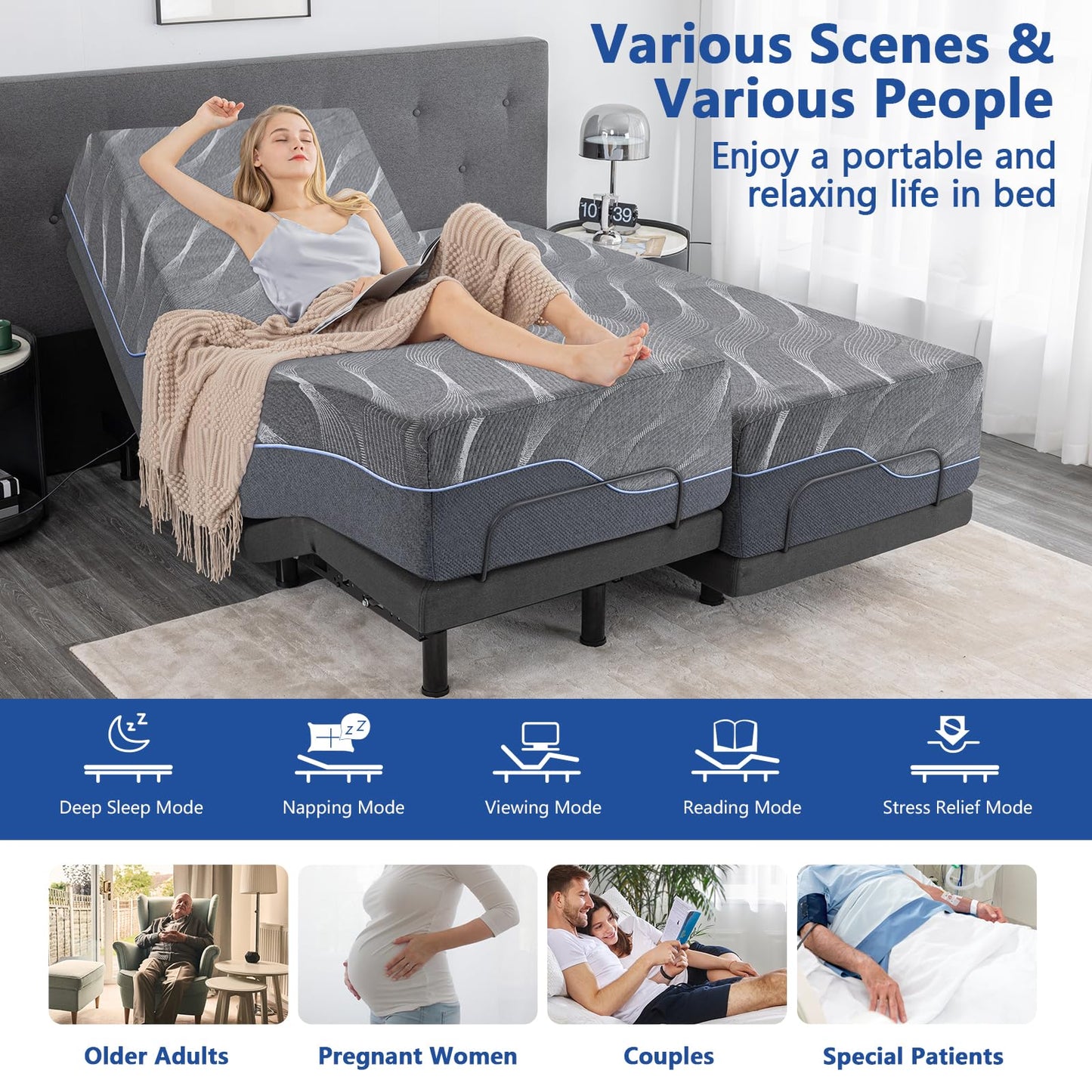 Split King Adjustable Bed Frame with Massage, 14 Inch Grey Gel Memory Foam Medium Firm Mattress in Box, Bed Base with Thickened Foam Frame, Adjustable legs, Voice control, Anti-Snore/0 Gravity