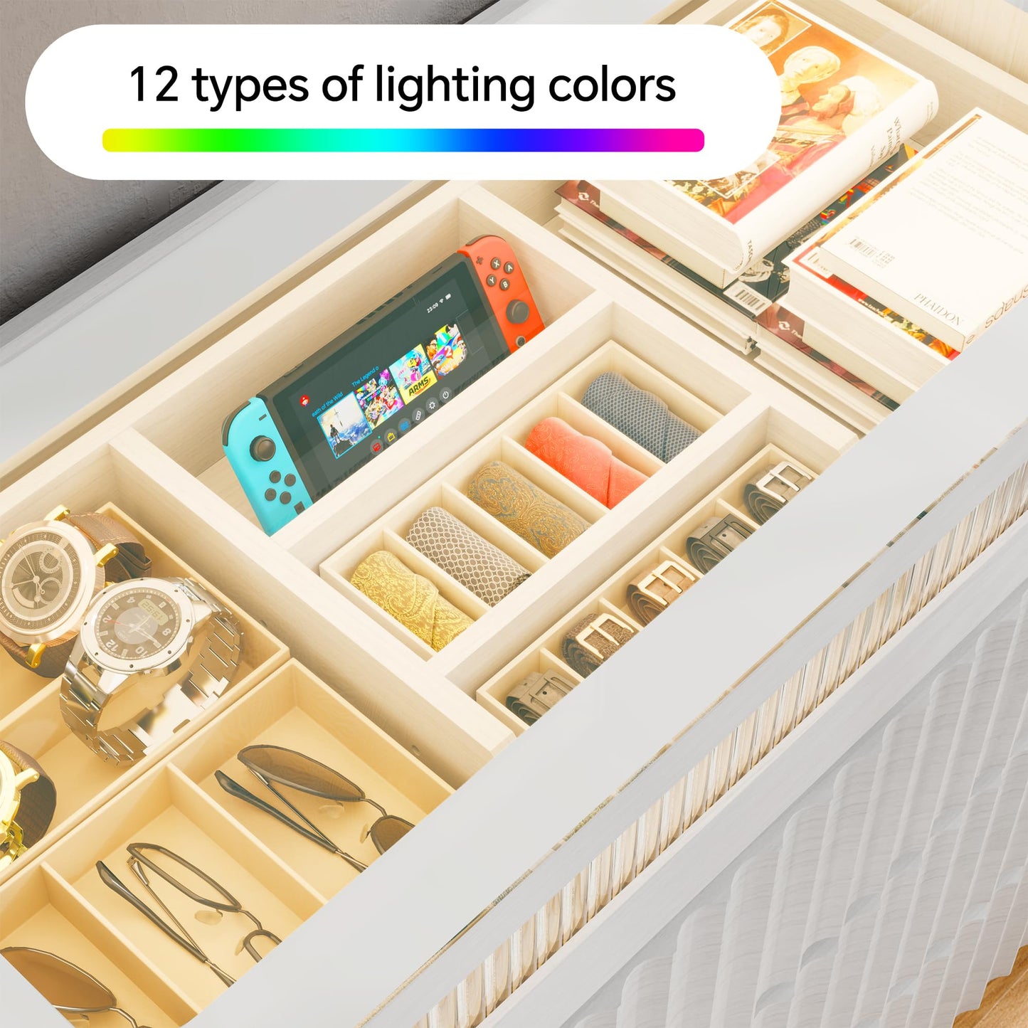 senlin Fluted 8 Drawer Dresser,with LED Lights,Tempered Glass Panel,Drawer Dresser,Hidden Handles.Compartmentalized Storage Drawer,Bedroom,Entryway,Wood Vanity