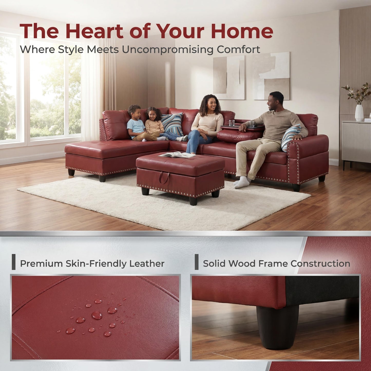 Topcomfy Leather L Shaped Sectional Couches for Living Room - 97.5“ x 69.5" Modular Sectional Sofa with Storage Ottoman, 4 Seat Home Sofa Living Room Furniture Sets with Chaise for Apartment, Red