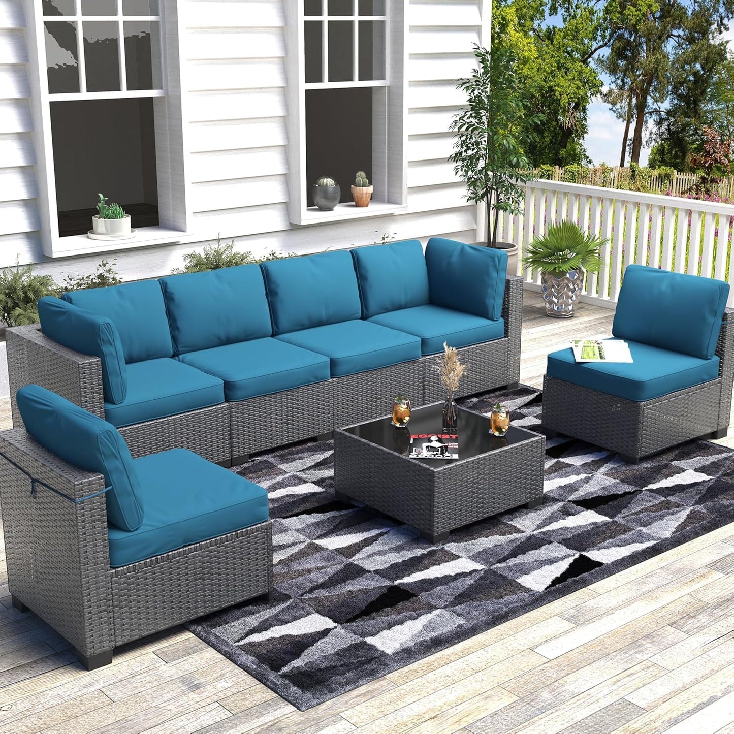 6 Piece Sectional Rattan Sofa with Glass Top Coffee Table, Patio Rattan Conversationr Sofa Set, All Weather Outdoor Patio Furniture Set and Chairs, Poolside, Garden, Porch