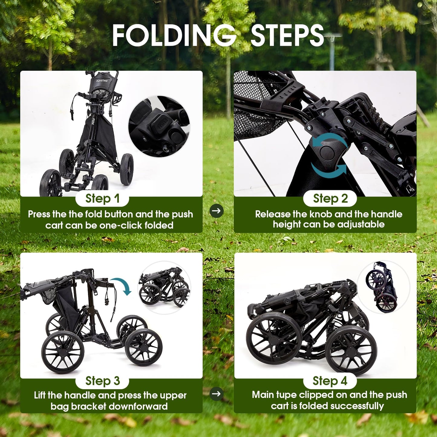 FLAGTAG Golf Push Cart 4-Wheels,Folding Golf Cart, Golf Pull cart with Cup Holder,Umbrella Holder,Cooler Bag, Foldable with one-Click,Handle Height Adjustable,Drink Holder,Walking Push cart