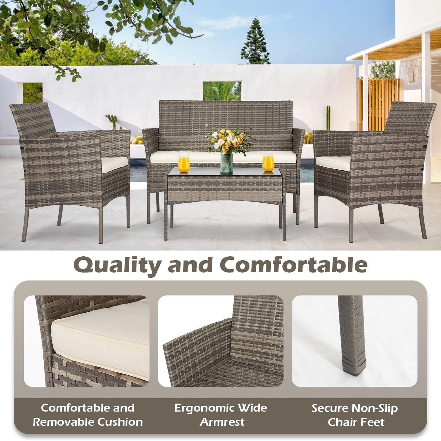 FDW | 4-Piece Patio Furniture Set | Gray & Khakhi | Outdoor Wicker Furniture with Coffee Table | Modern Rattan Chairs Conversation Set | Outdoor Seating | Weather-Resistant | for Porch, Garden, Lawn