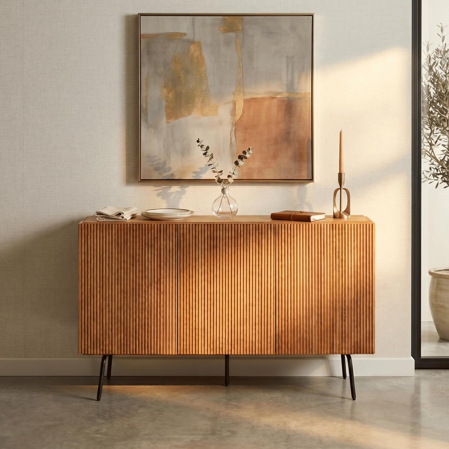 NTC Veil Modern Sideboard with 3 Doors, Buffet Cabinet with Vertical Groove Design and Metal Legs, Storage Cabinet for Living Room, and Hallway, Effortless Assembly - Rustic Oak