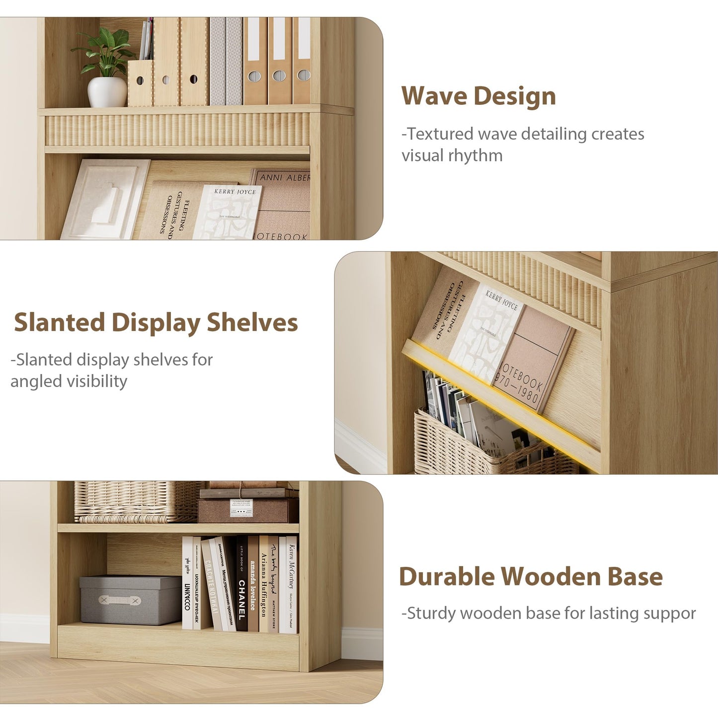 GarveeHome 71 in Farmhouse Bookcase w/Display Rack & Fluted Design, 5 Tier Tall Bookshelf with Wooden Base, Wood Bookshelf Vintage Book Shelf for Office Library (Nature, 71.5" H x 30.7" W x 11.9" D)