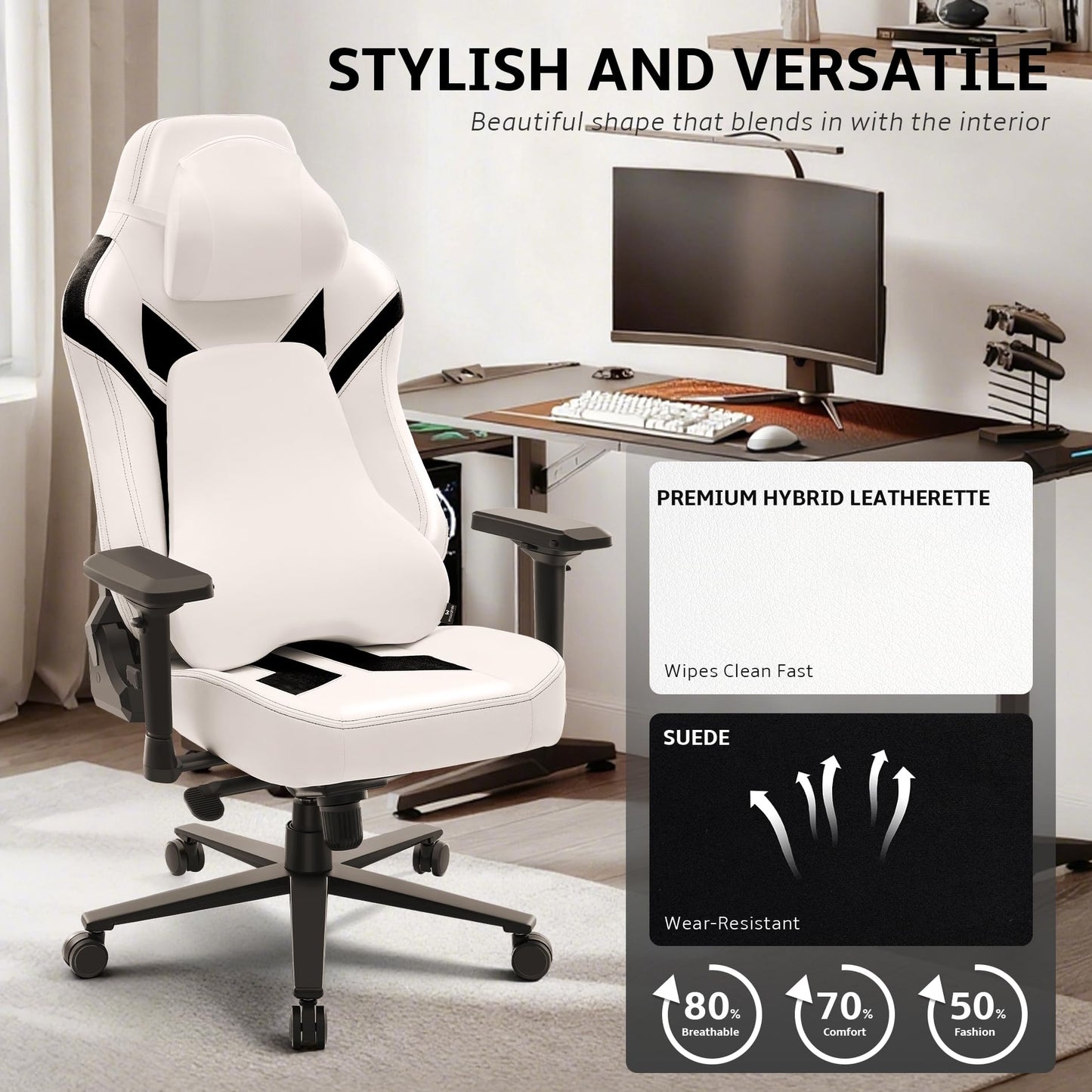 Ergonomic Gaming Chair, Wyrdforging Computer Desk Chairs, 4D Armrests, High Back Office Chair With Headrest & Lumbar Pillow, Tilt Rocker Recliner, Heavy-Duty Base, White PU Leather & Black Suede Combo