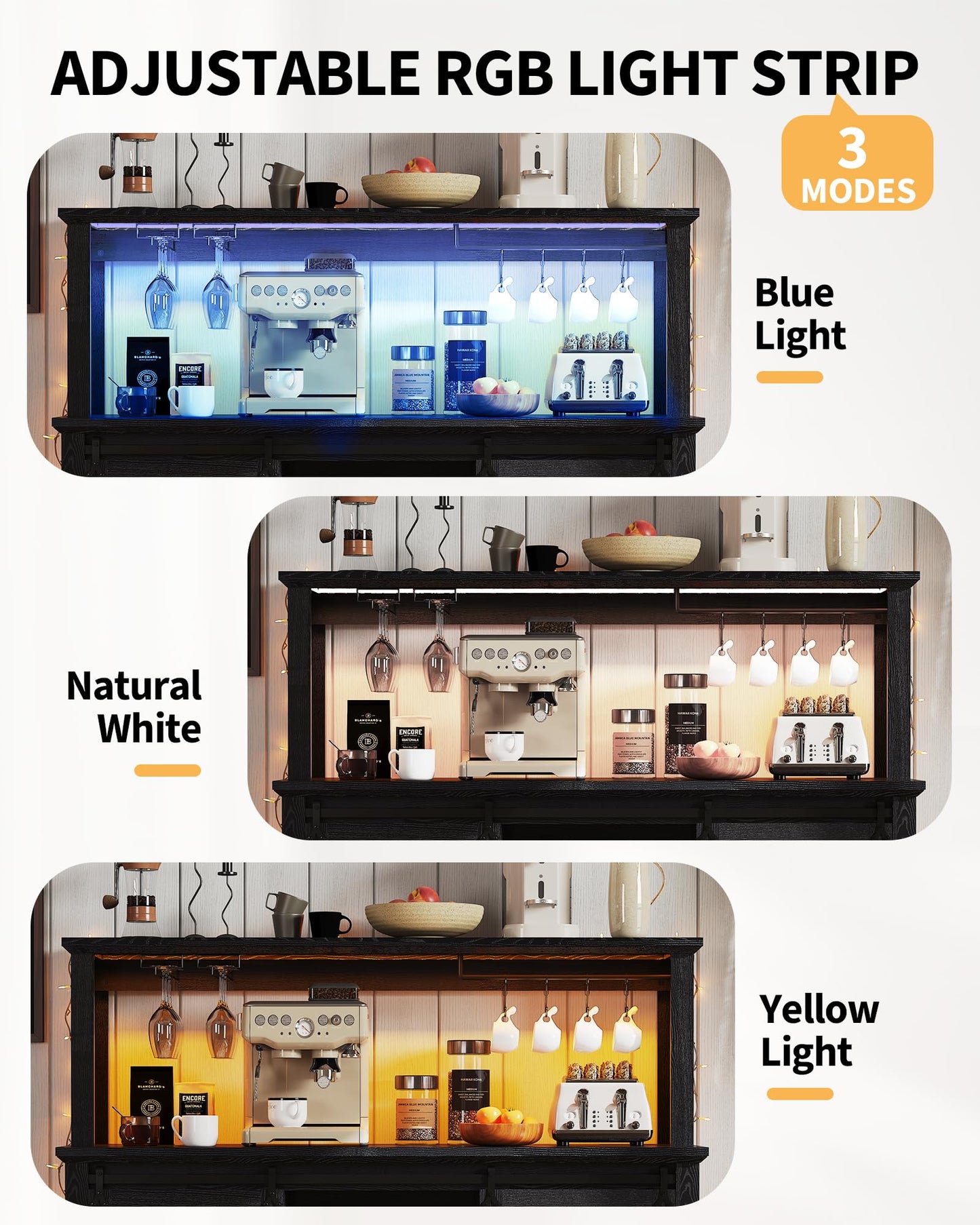 Hetoy Farmhouse Coffee Bar Cabinet 55" Tall with Sliding Barn Door, LED Light, Power Outlet – Storage Drawers, 12-Bottle Wine Rack, Ideal Coffee Hutch for Dining Room or Home Bar