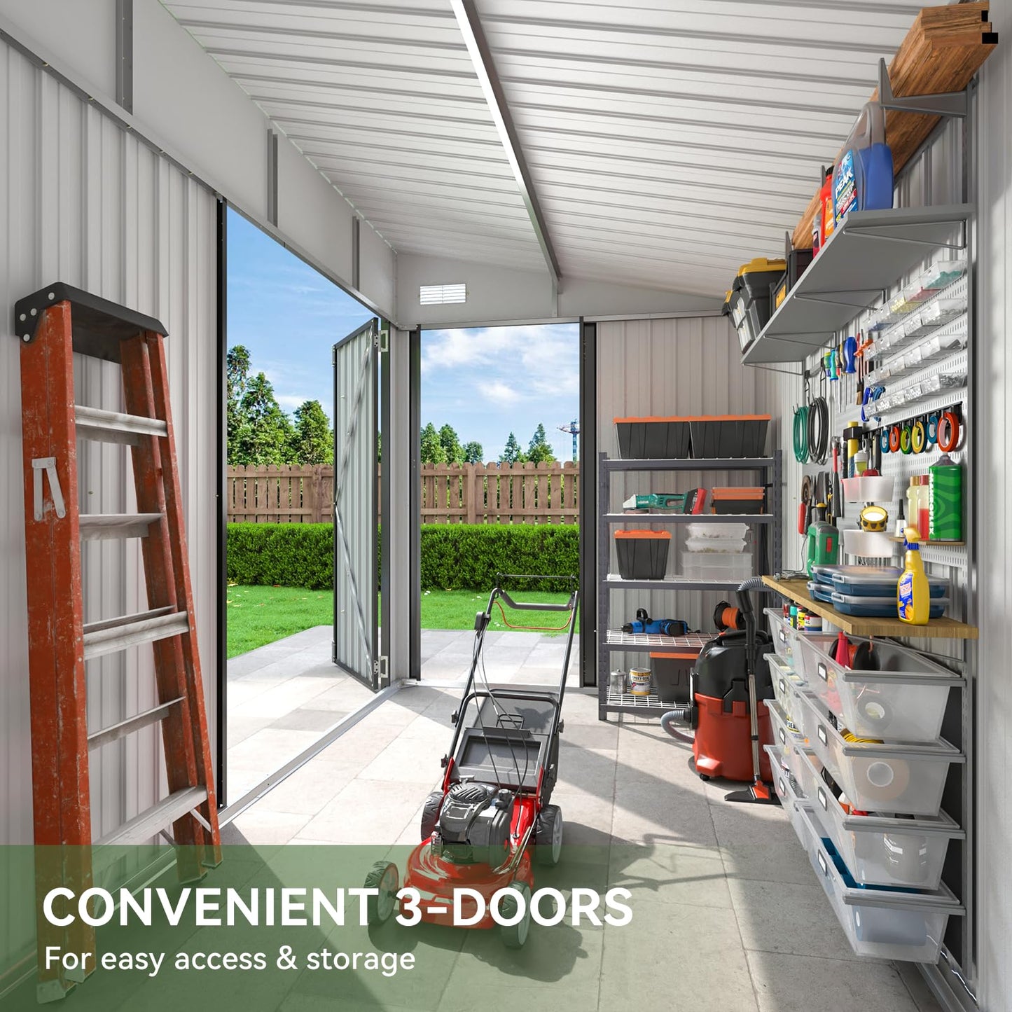 Aoxun 7'x4' 3-Lockable Door Metal Storage Shed, Metal Outdoor Garden Shed - Elevated Height & Sloped Roof Design for Bicycle, Tool, Snow Blower Storage (Black)