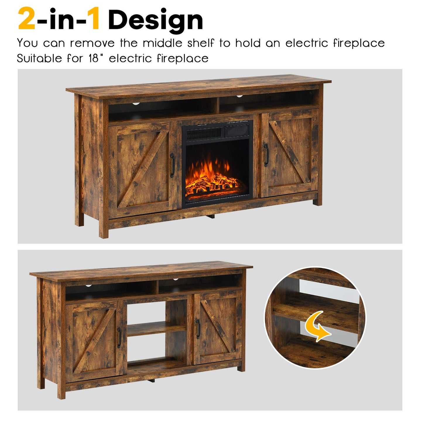Tangkula Industrial TV Stand with Barn Doors for TVs up to 65 Inches, Farmhouse TV Console Cabinet with Shelves & Cabinets, Rustic Entertainment Center for Living Room, TV Console Table, Rustic Brown