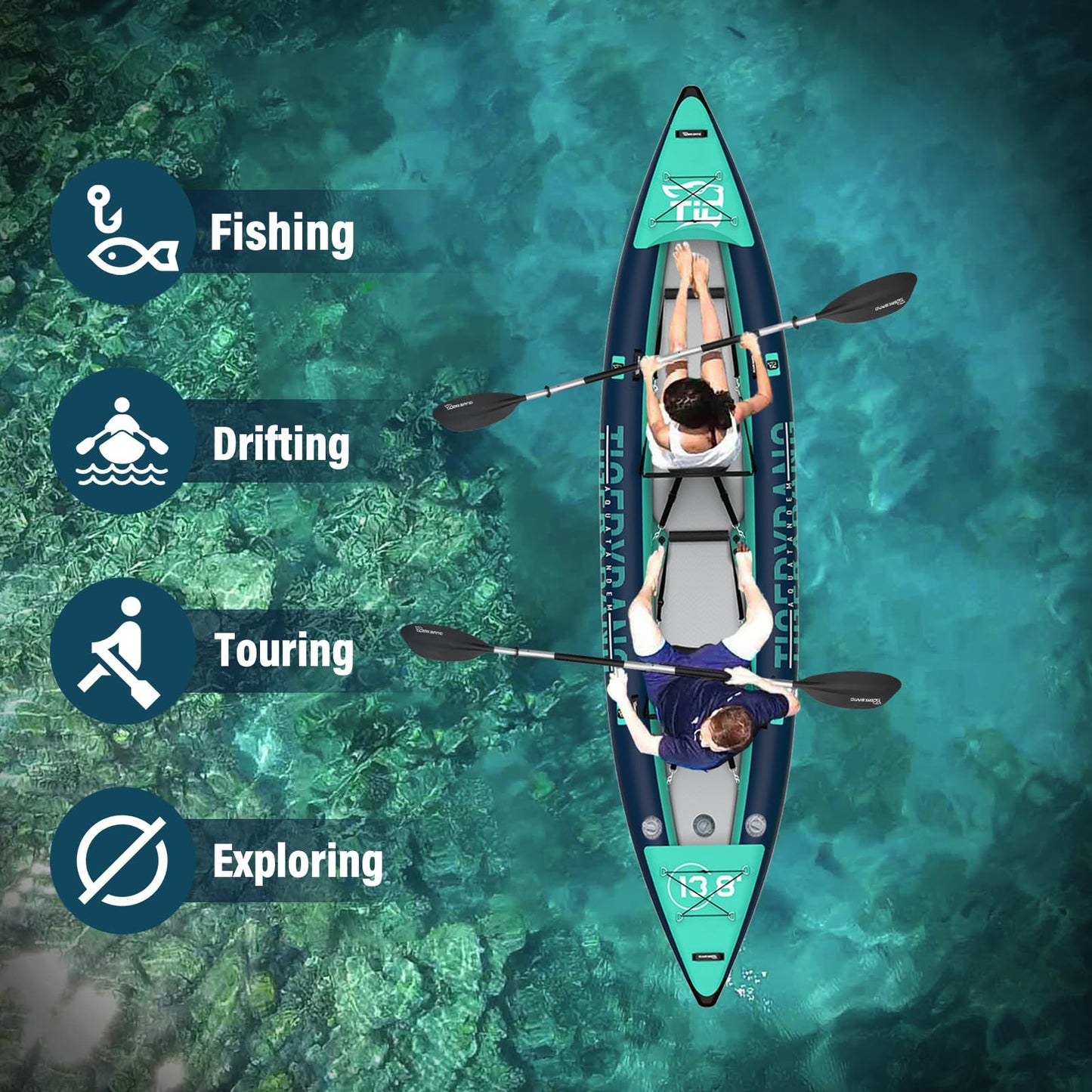 TIGERXBANG 13.8'x37.8''x9.4'' Inflatable 2 Person Kayak, Touring Boat for Adults/Youth, Kayak Set with Removable Seat, Double Paddles, Foot Pedals, Hand Pump and Multifunctional Accessories