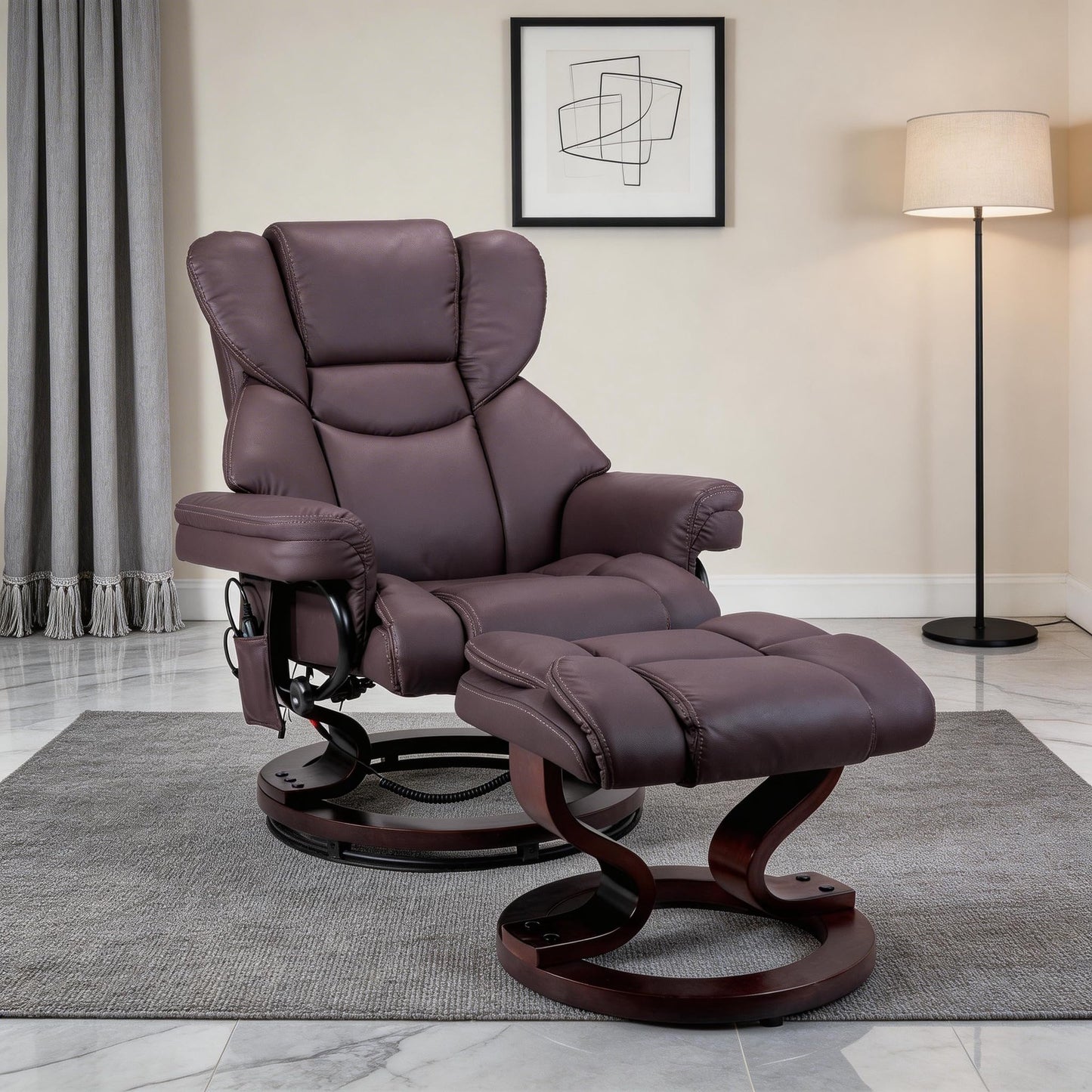KEIKI 8-Point Massage Recliner with Ottoman for Adults, Heated Cat Scratch Faux Leather 360° Swivel Lounge Reading Chair with Bent Wood Base, Adjustable Recline for Living Room Bedroom Indoor, Brown