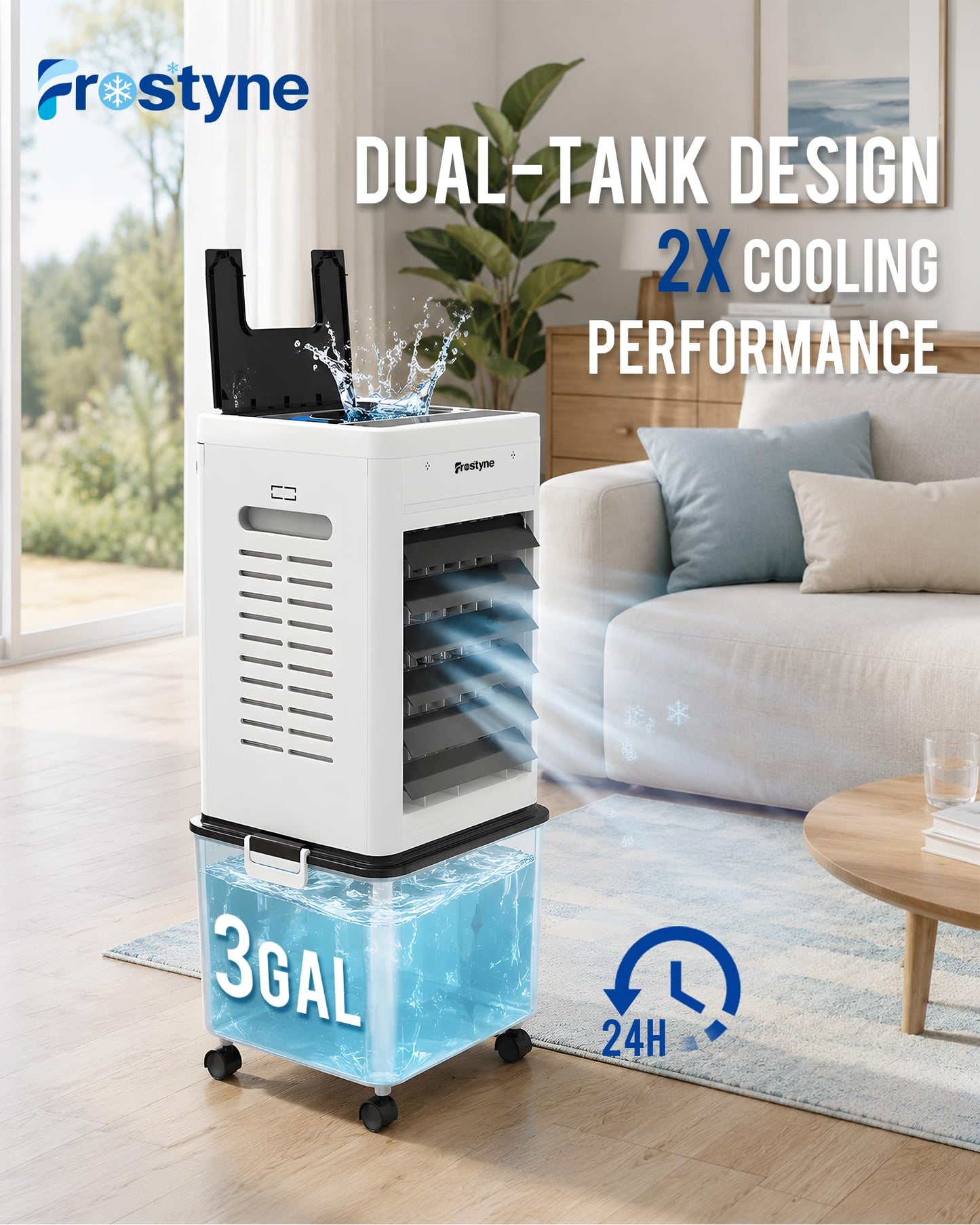 Frostyne Portable Evaporative Air Cooler w/Humidifier – 3Ga Water Tank, 10 Ice Packs, 6 Speeds & 4 Modes, Timer & Remote, Windowless Portable Fan for Bedroom, Home, Office,Black