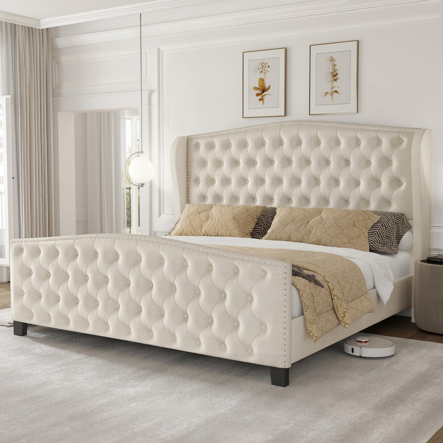 LARMACE King Size Bed Frame Velvet Upholstered Platform Bed with Wingback Headboard & Footbaord, Deep Button Tufted Bed Frame with Wood Slats Support, No Box Spring Needed, Beige