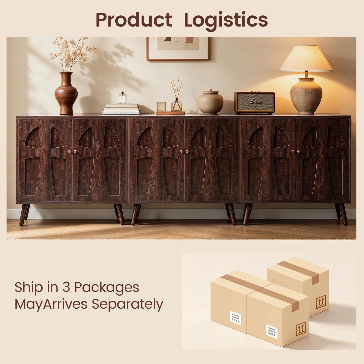 Janmer Home Sideboard Buffet Cabinet, 94.5" Wide Wooden Storage Cabinet with Arched Cutout Doors, Adjustable Shelves, Mid-Century Modern Credenza for Kitchen Living Room Entryway Dark Walnut
