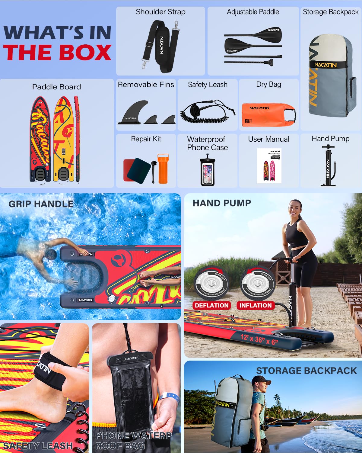 NACATIN Inflatable Stand Up Paddle Board - Premium SUP Board with Dog Ramp Kit,Complete SUP Set Paddle Boards for Adults with Single/Double Paddle, Backpack, Suitable for Paddle Boarding with Dog