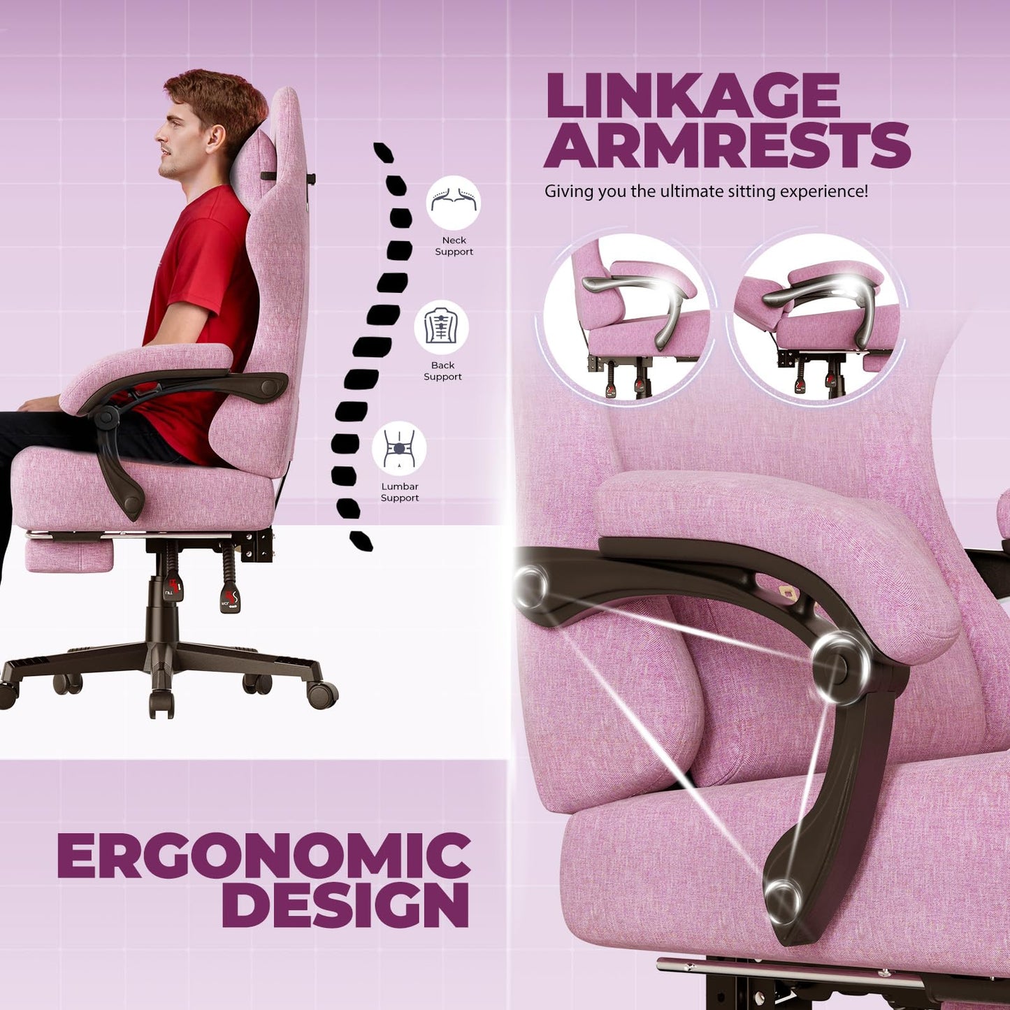 GTPLAYER Big and Tall Gaming Chair 400lbs Heavy Duty Office Chair with Foot Rest, High Back Pocket Spring Ergonomic Computer Chair for Adults, Wide Comfy Seated Cushion with Linkage Armrests, Pink