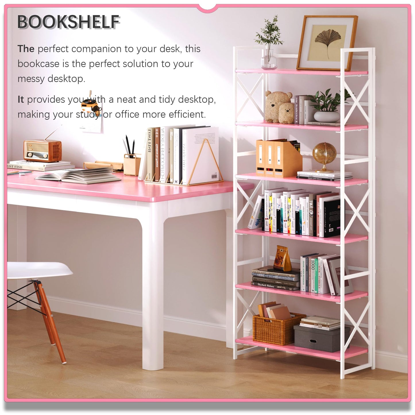 4NM 6 Tiers No Assembly Book Shelves, 61.8" H Folding Bookshelf Bookcase Open Industrial Foldable Shelves for Bedroom, Living Room, Home Office - Pink White