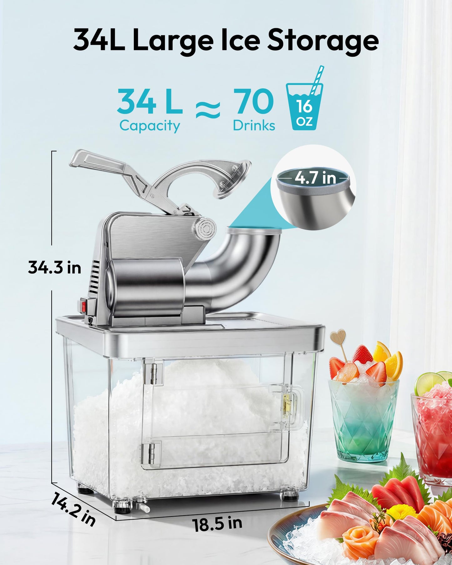 EUHOMY Snow Cone Machine, 661 Lbs/H Commercial Shaved Ice Machine with 34L Large Capacity, 300W Electric Ice Shaver with Dual Blades, ETL Certified Snow Cone Maker for Home & Commercial Use (Silver)