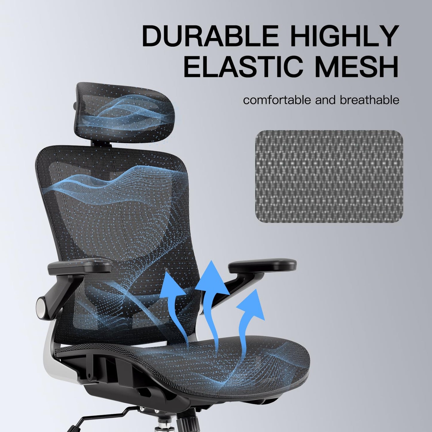 marrap Ergonomic Office Chair, Mesh Desk Chair with 3D Armrests, Adjustable Lumbar Support and Headrest, 90-120° Rocking Function, Black