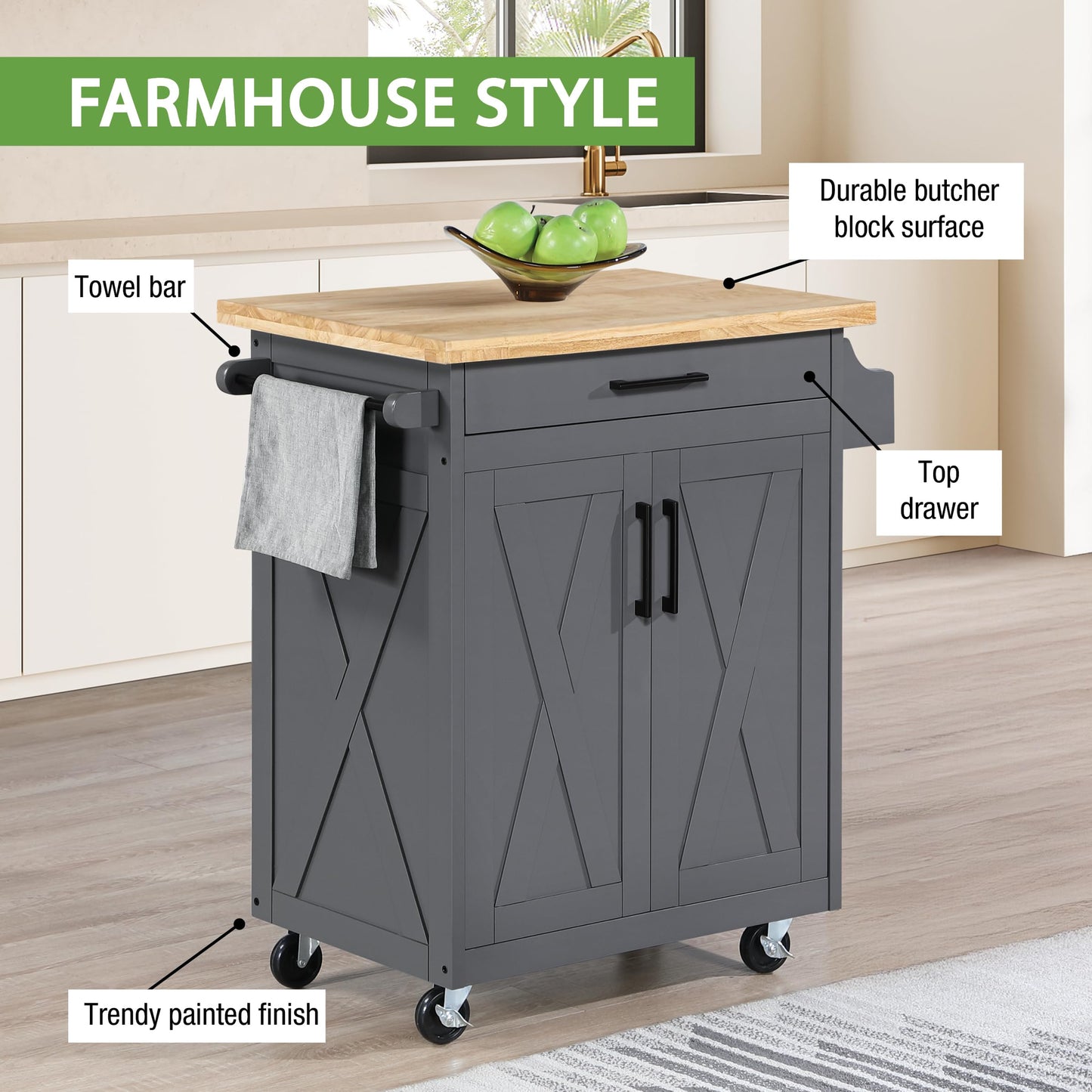OSP Home Furnishings Bolten Farmhouse Kitchen Cart with Butcher Block Top, Rolling Island with Storage Cabinet and Drawer, 35.5H x 32W x 19D inches, Grey