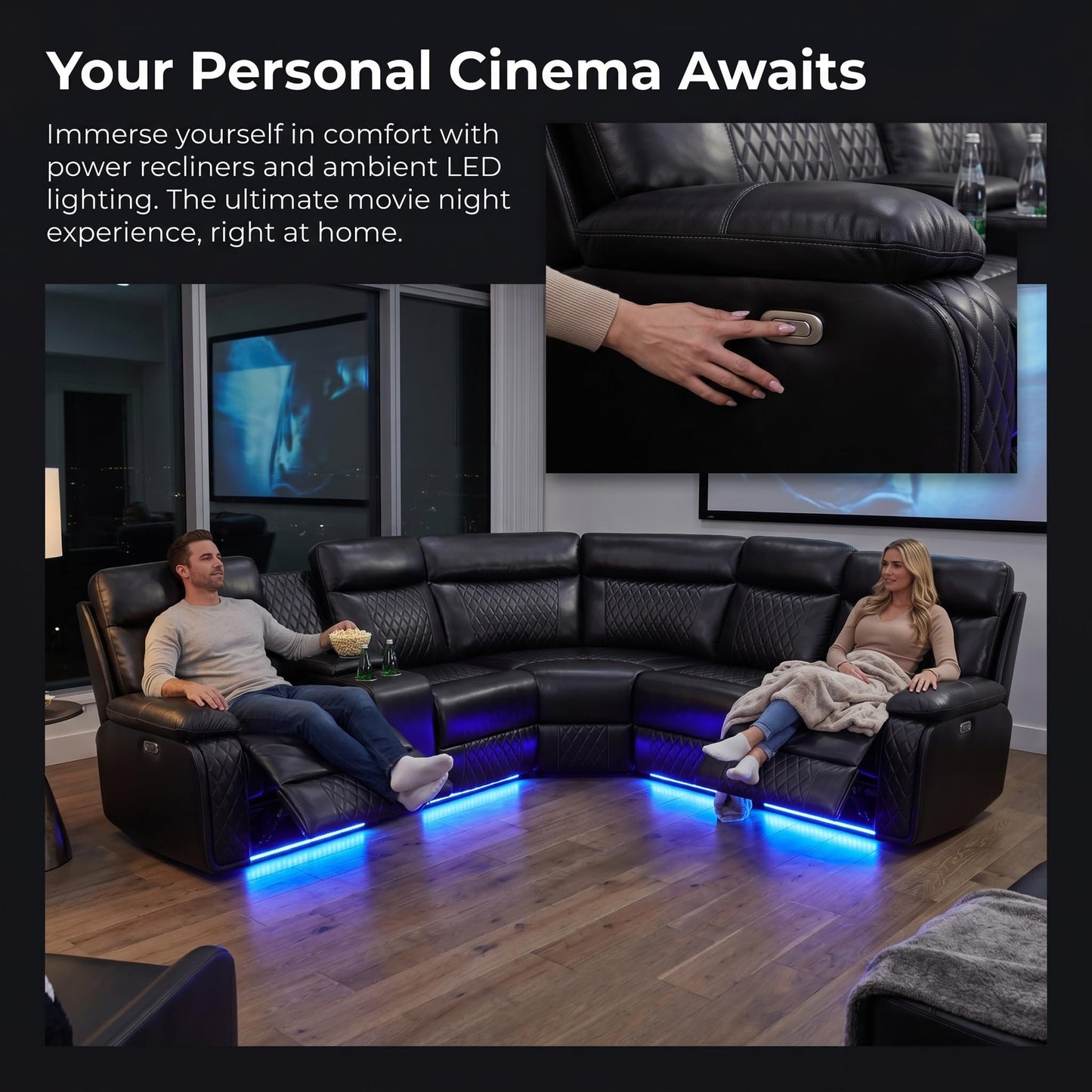 Trygoal Power Reclining Sectional Sofa Set, Modern L-Shaped Couch with Recliner, 4 Seat Power Reclining Sofa, Reclining Sectional Couches for Living Room, Home, Office, Leather, Dark Black