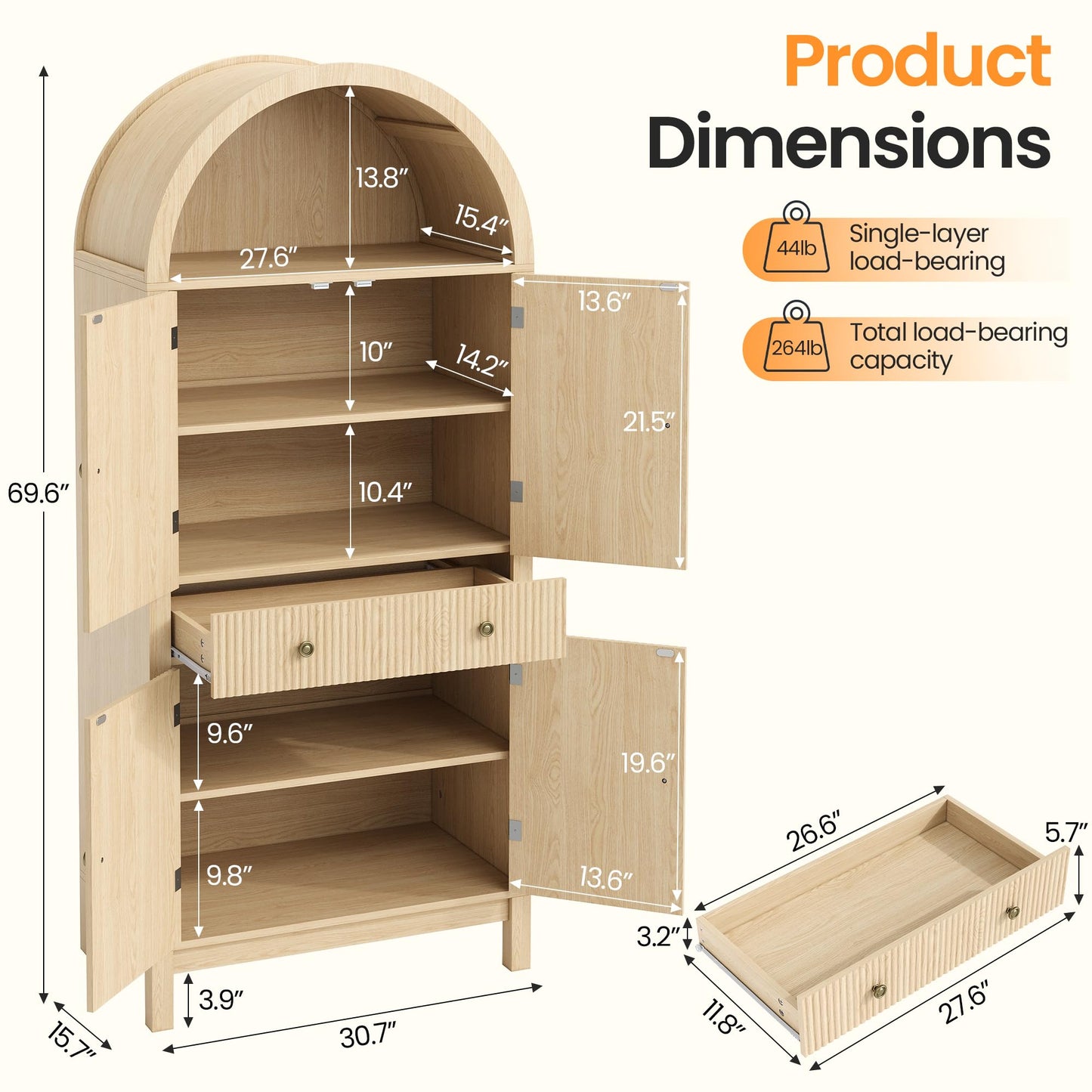 Apicizon 70" Tall Arched Kitchen Pantry Cabinet, 6-Tier Modern Fluted Wood Storage Cabinet with Doors Drawer & Adjustable Shelves, Farmhouse Cupboard Organizer for Dining Room, Bathroom, Natural