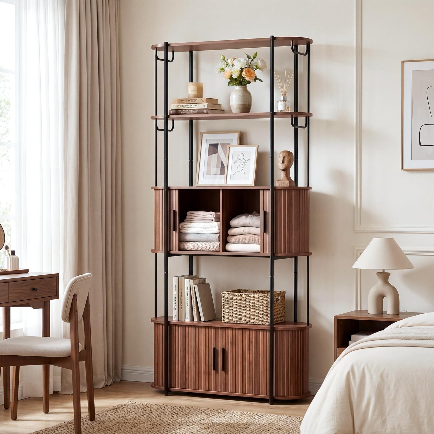 Afuly 72" Tall Bookshelf with Doors Mid Century Modern Walnut Book Shelf with Cabinet, 5 Shelf Bookcase for Display and Storage, Curved Bookshelves with Tambour Doors for Living Room Bedroom Office