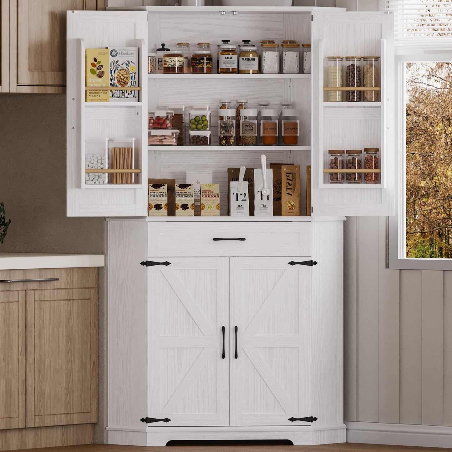 IRONCK 72" Corner Cabinet, Kitchen Pantry Storage Cabinet with Drawer, Spacious Farmhouse Pantry with 3 Adjustable Shelves, 2 Doors Storage, for Kitchen, White