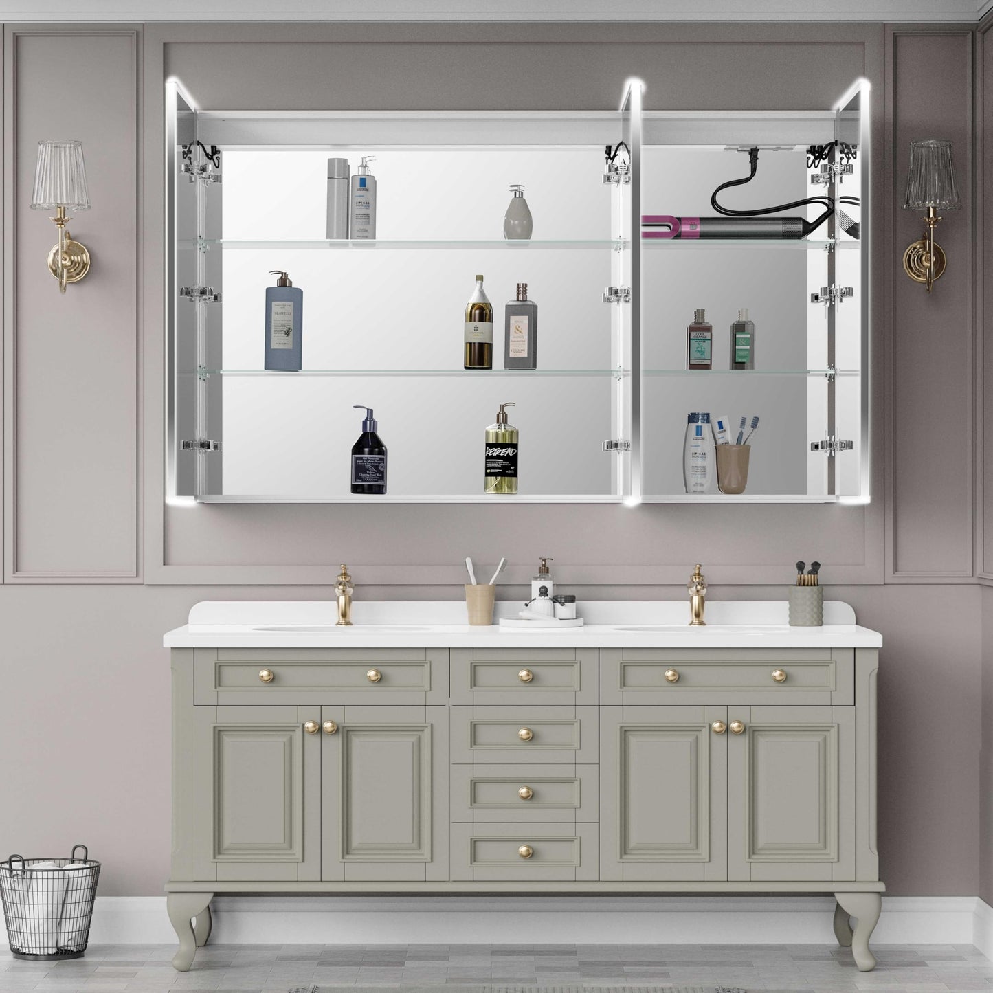 tunuo Recessed Medicine Cabinets for Bathroom with Mirror, Only Recessed Medicine Cabinet with Defogger, Dimmer, Outlets & USB, Three Doors